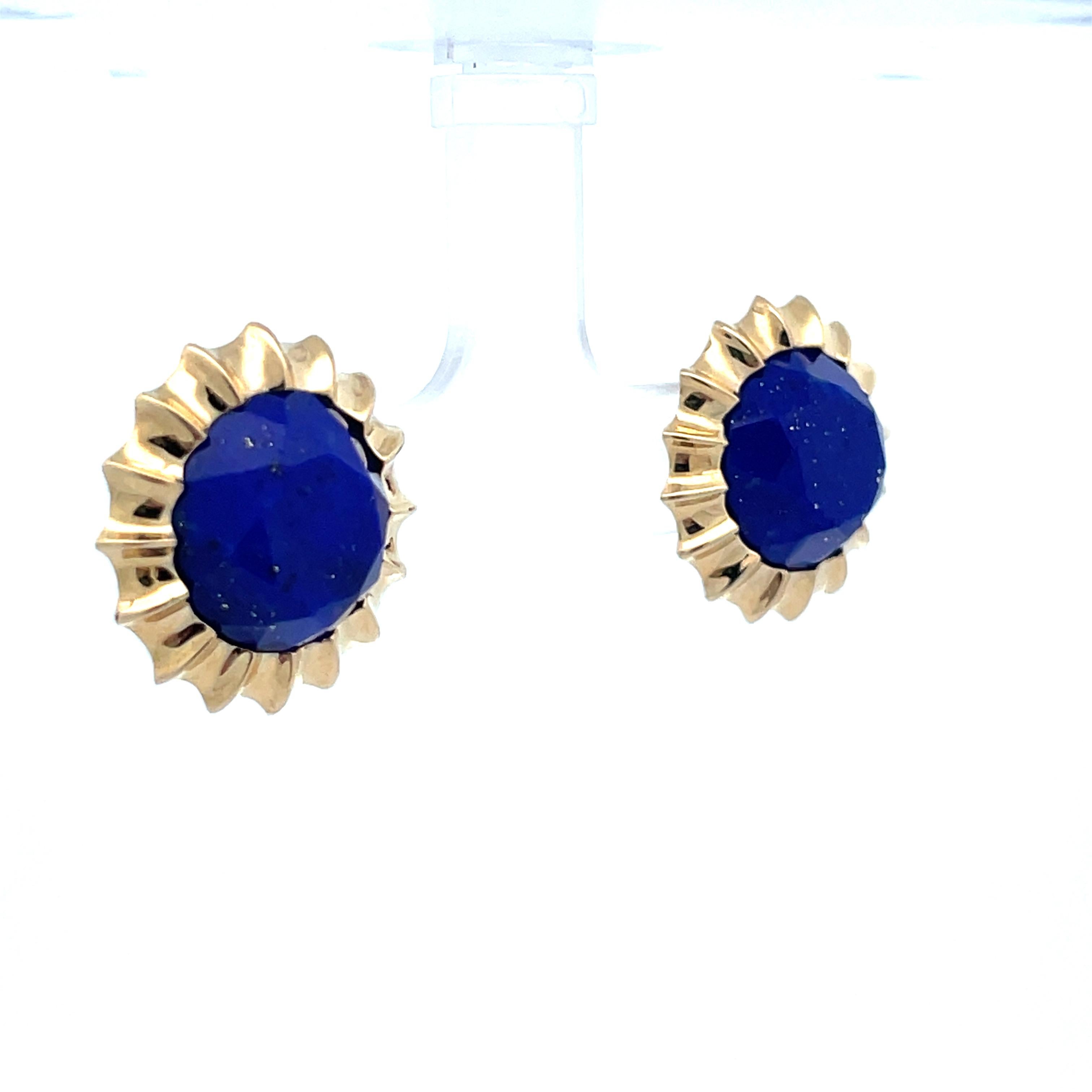 Women's or Men's Contemporary 14K Yellow Gold Kors Lapis Lazuli Button Stud Earrings 