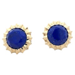 Vintage Contemporary 14K Yellow Gold Kors Lapis Lazuli Button Stud Earrings 