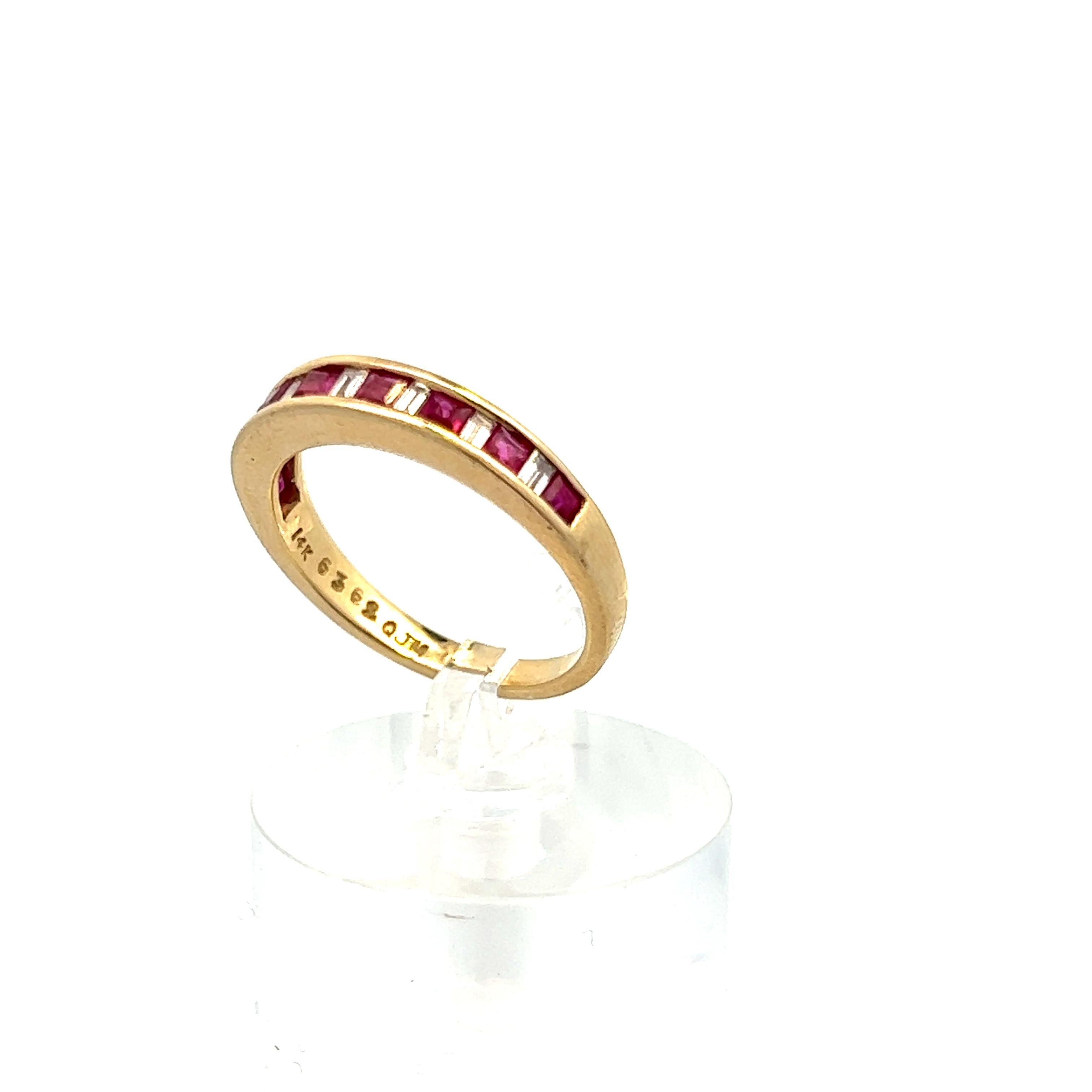 This stunning contemporary band is made with gold and red ruby and diamond. The rings unique and distinctive look comes from the ruby and diamond alternating design. Adding to the uniqueness, the ruby is square cut and the diamond is baguette cut,