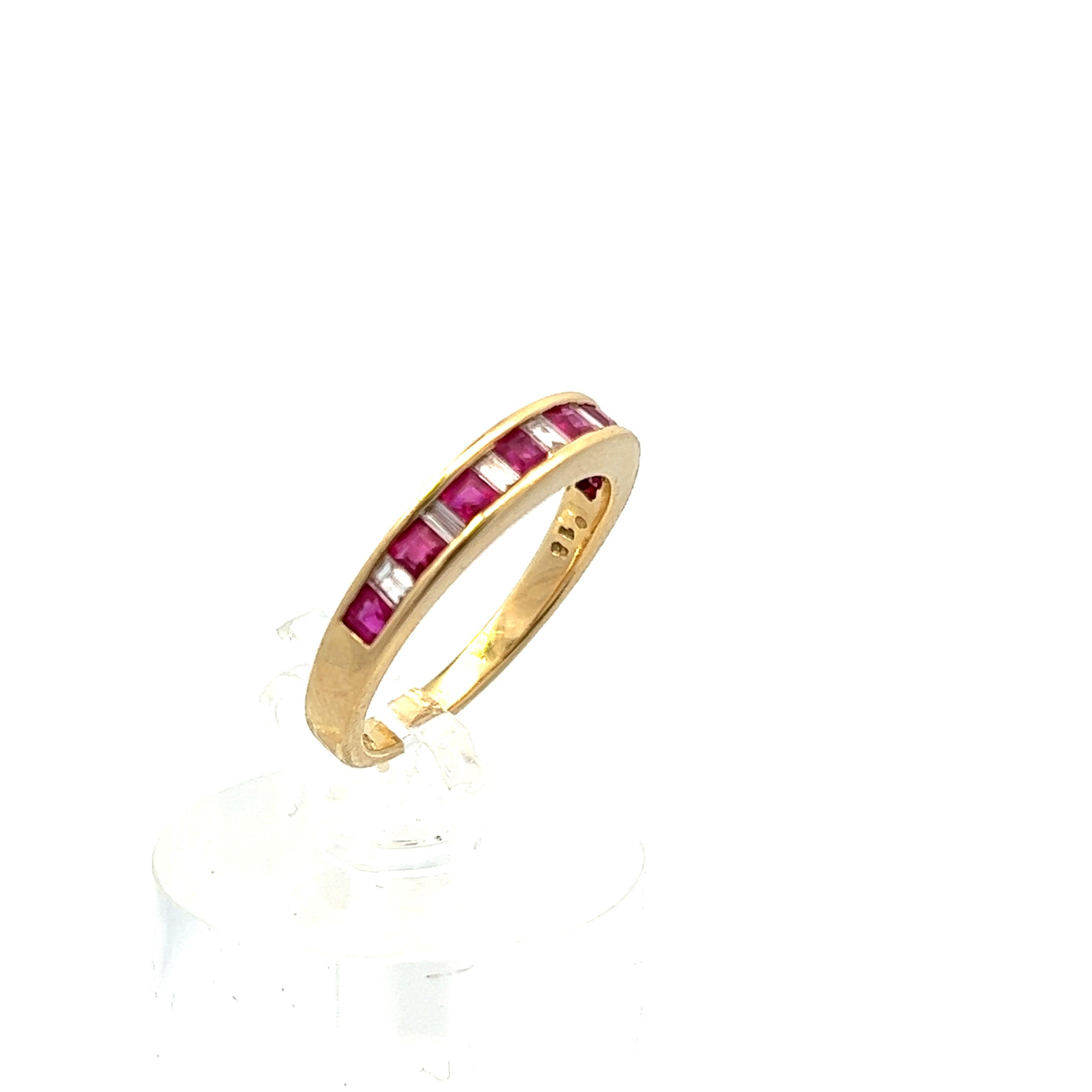 Baguette Cut Contemporary 14K Yellow Gold Red Ruby & Rectangular Baguette Diamond Band  For Sale
