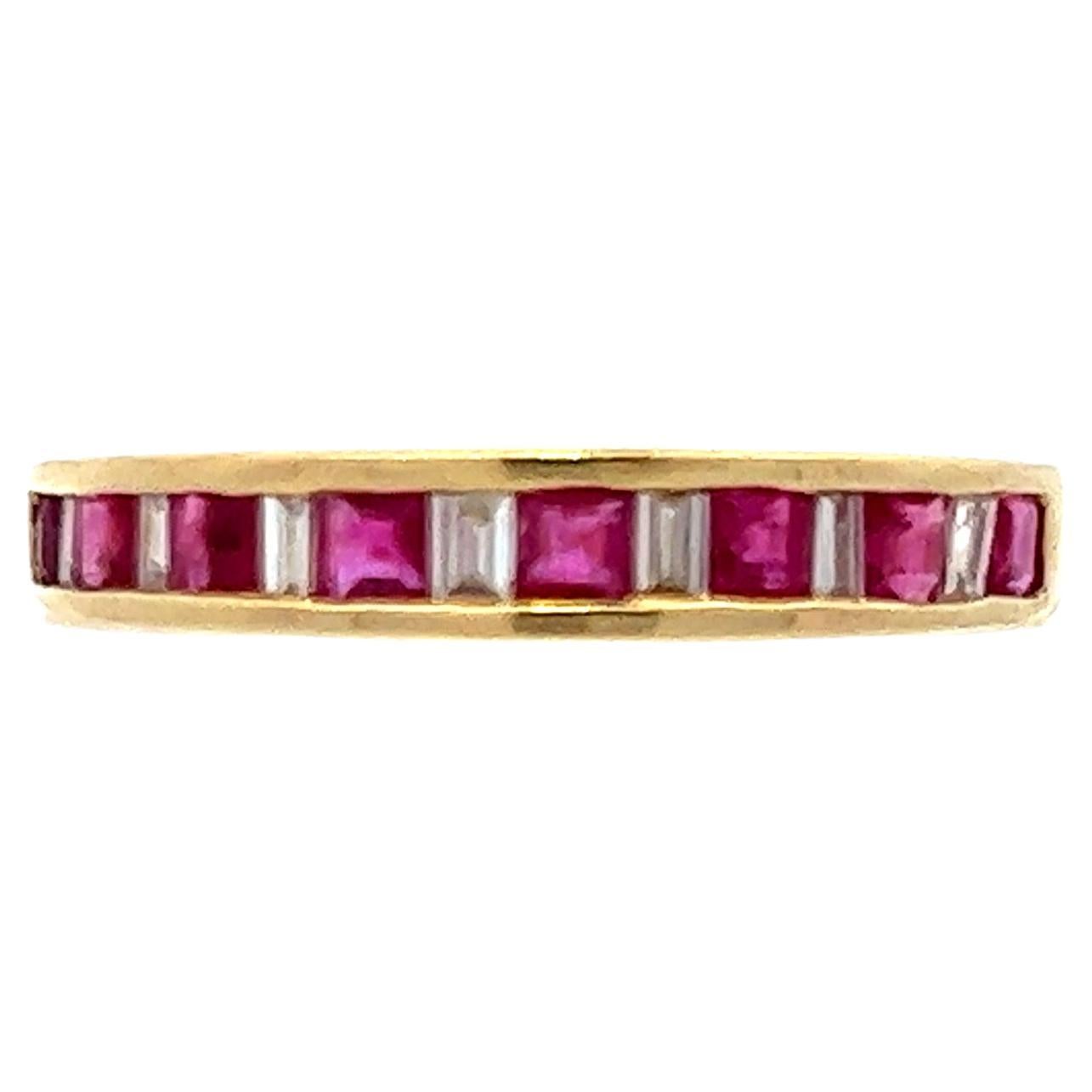 Contemporary 14K Yellow Gold Red Ruby & Rectangular Baguette Diamond Band  For Sale