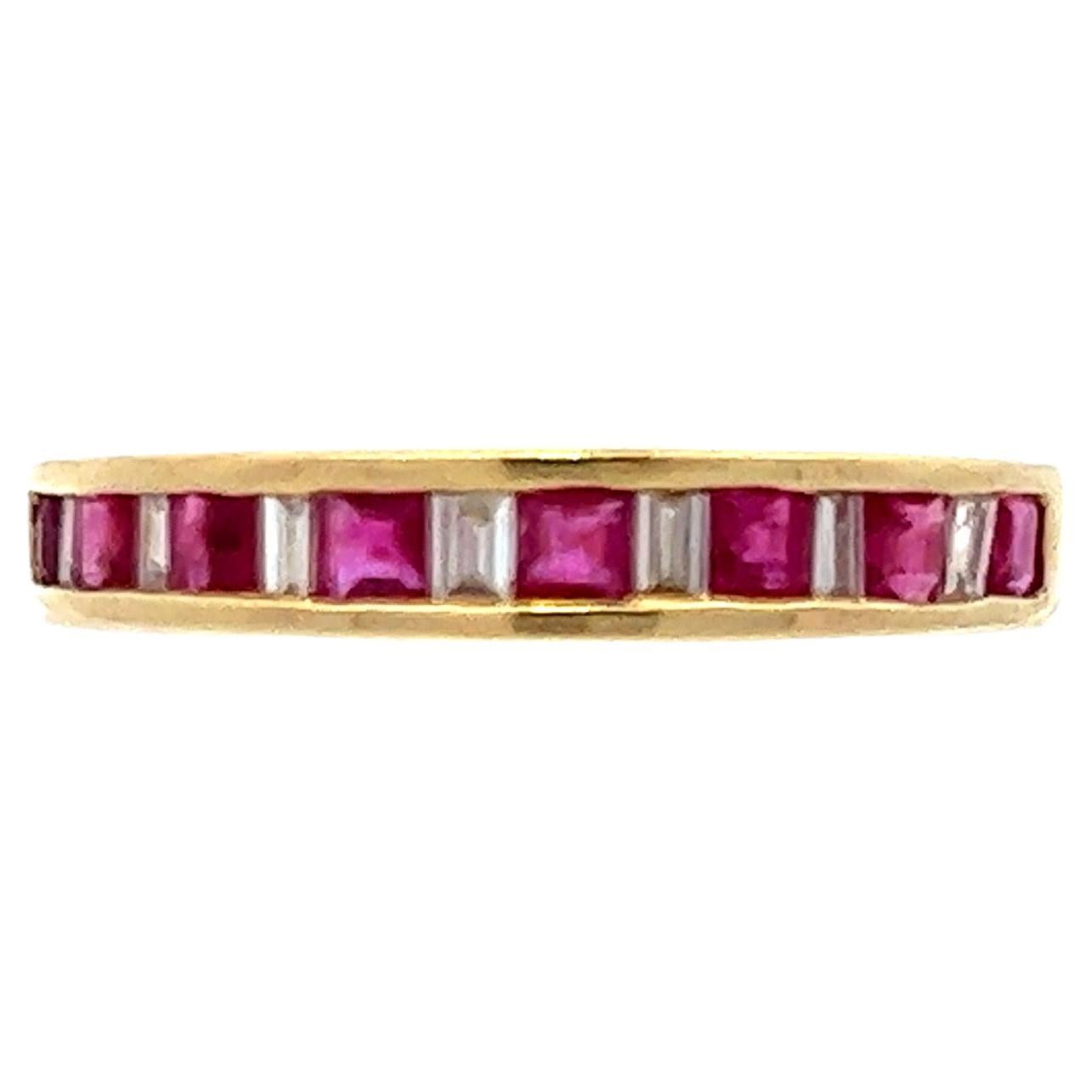 Contemporary 14K Yellow Gold Red Ruby & Rectangular Baguette Diamond Band 