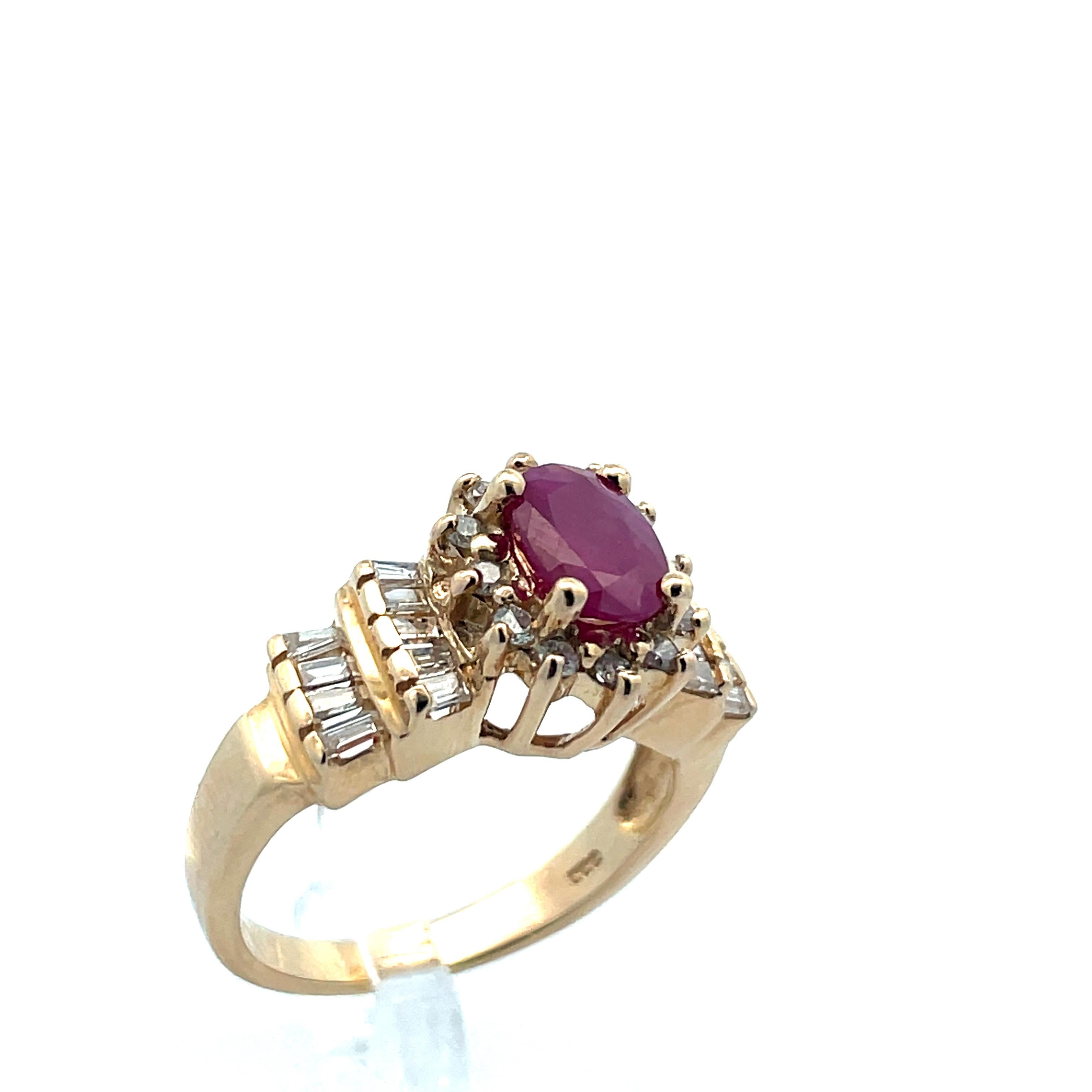 - 14K Yellow Gold 
- 18 = 0.36 twt Baguette cut diamond
- .94 CT Round cut ruby 
- Contemporary 
- Size 6.5 
4.49 Grams 

The is an absolutely stunning contemporary ring made in 14k yellow gold, featuring ruby and diamond. This ring contains 19