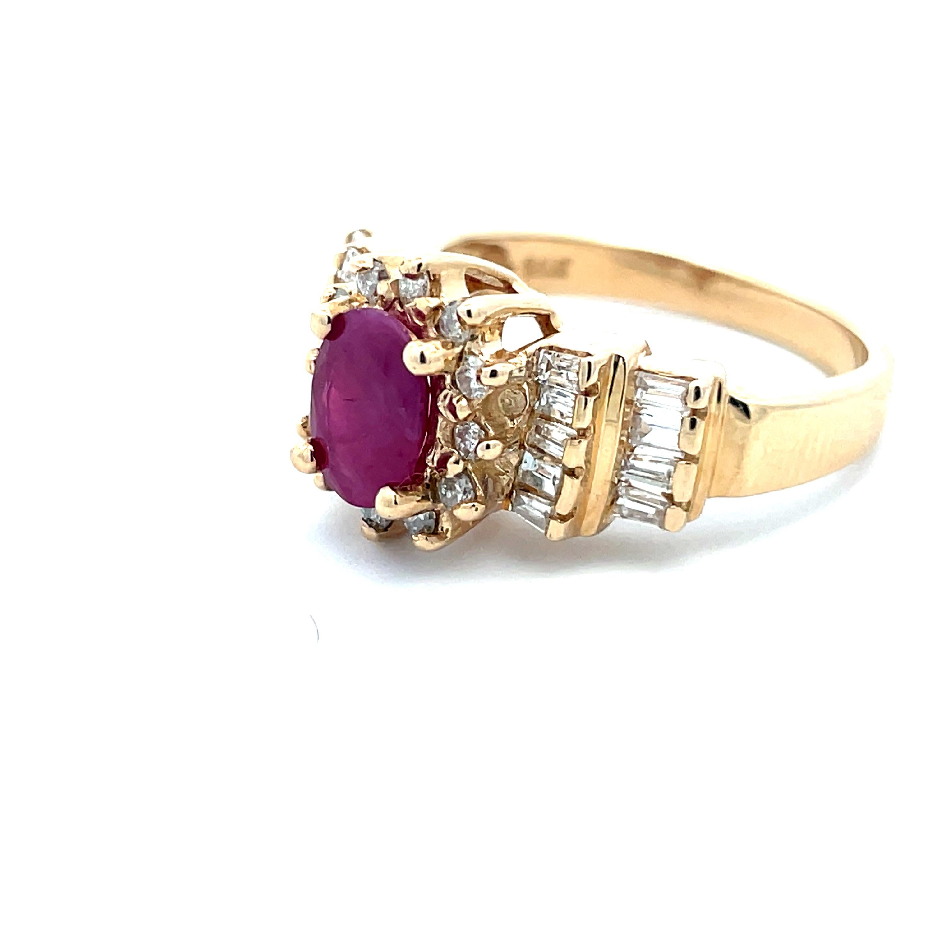 Baguette Cut Contemporary 14K Yellow Gold Ruby and Diamond Ring  For Sale
