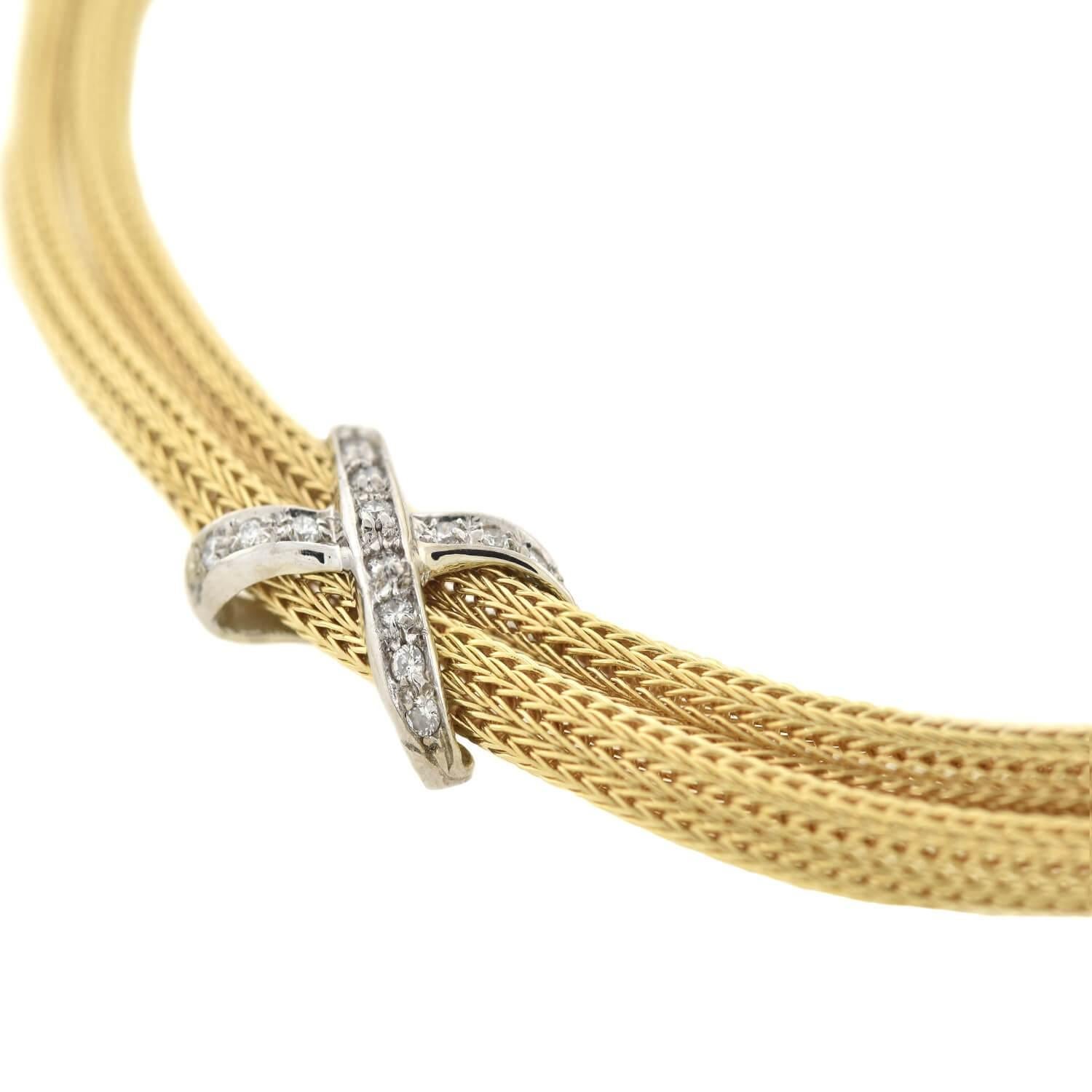 Round Cut Contemporary 14 Karat Gold Diamond Two-Strand Mesh Chain Necklace