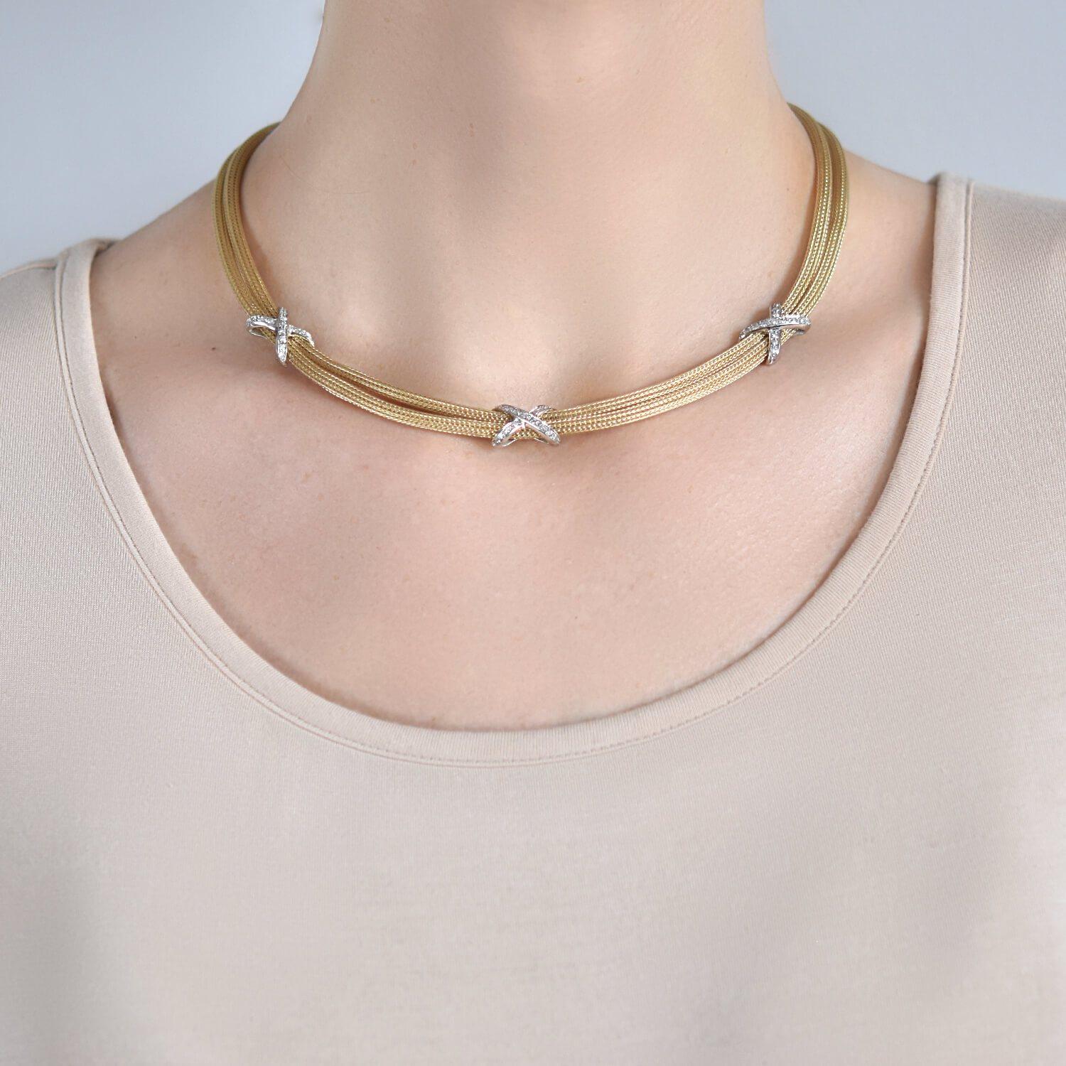Contemporary 14 Karat Gold Diamond Two-Strand Mesh Chain Necklace 1