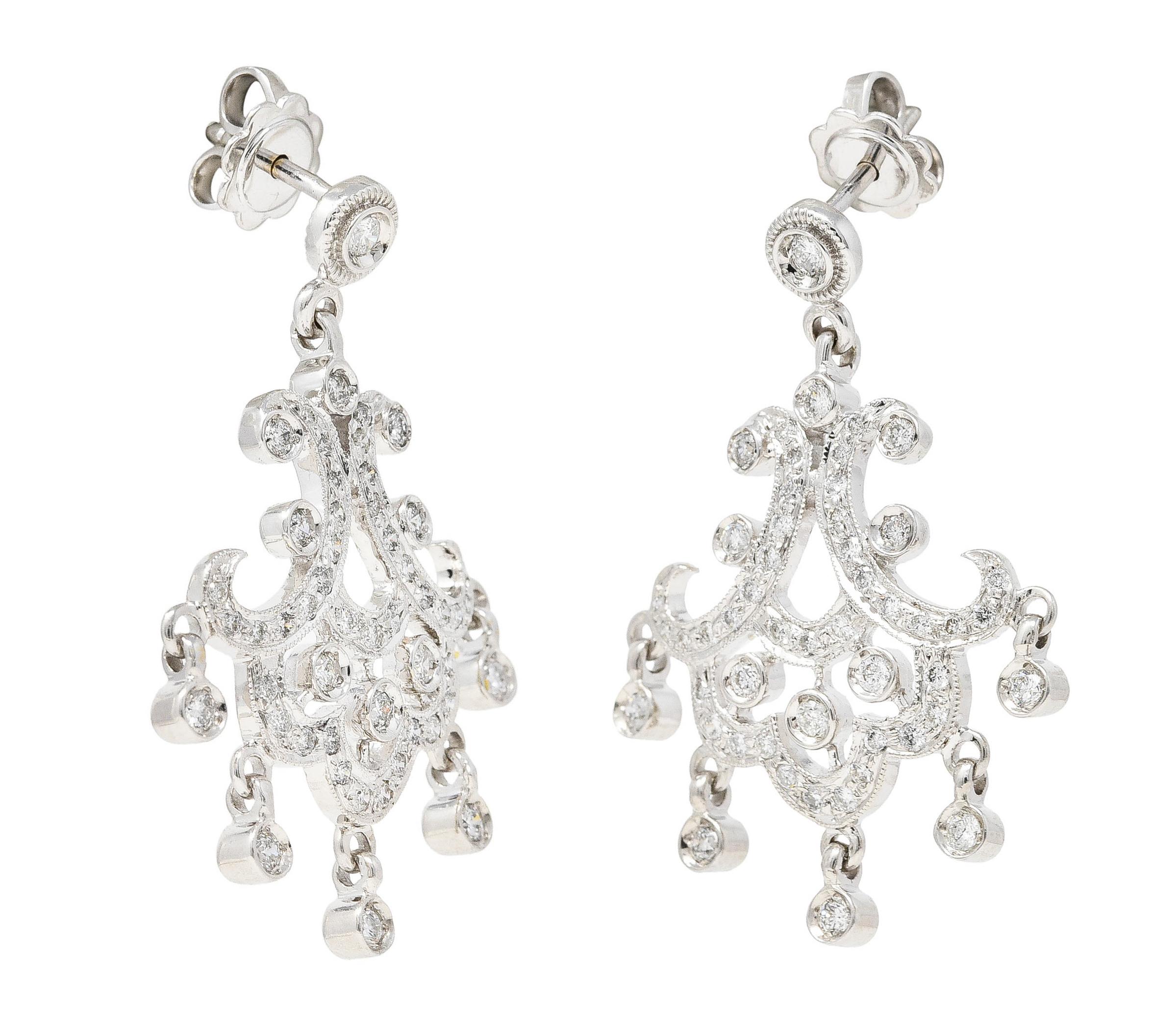 Contemporary 1.50 Carats Diamond 18 Karat White Gold Chandelier Earrings In Excellent Condition For Sale In Philadelphia, PA