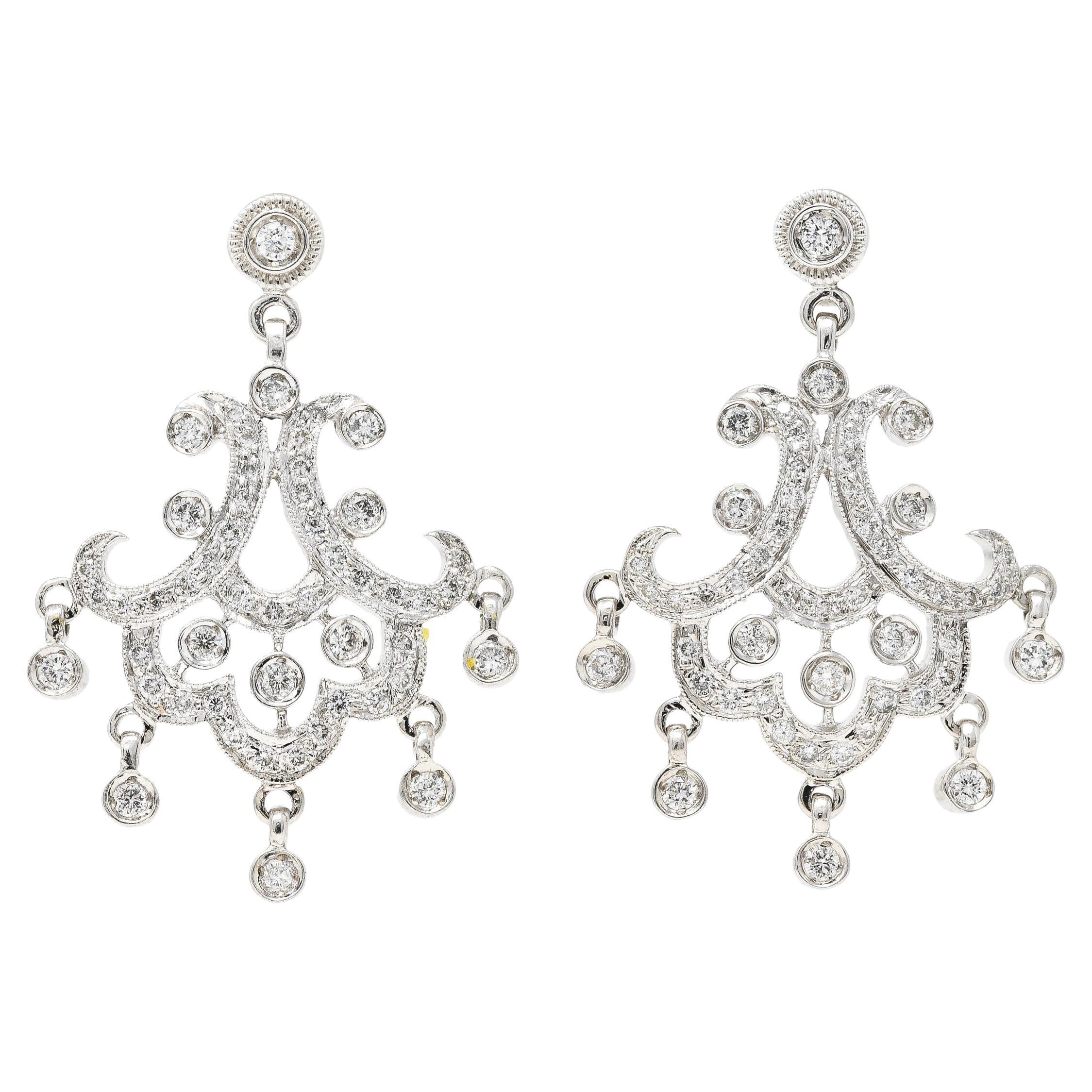 Contemporary 1.50 Carats Diamond 18 Karat White Gold Chandelier Earrings For Sale