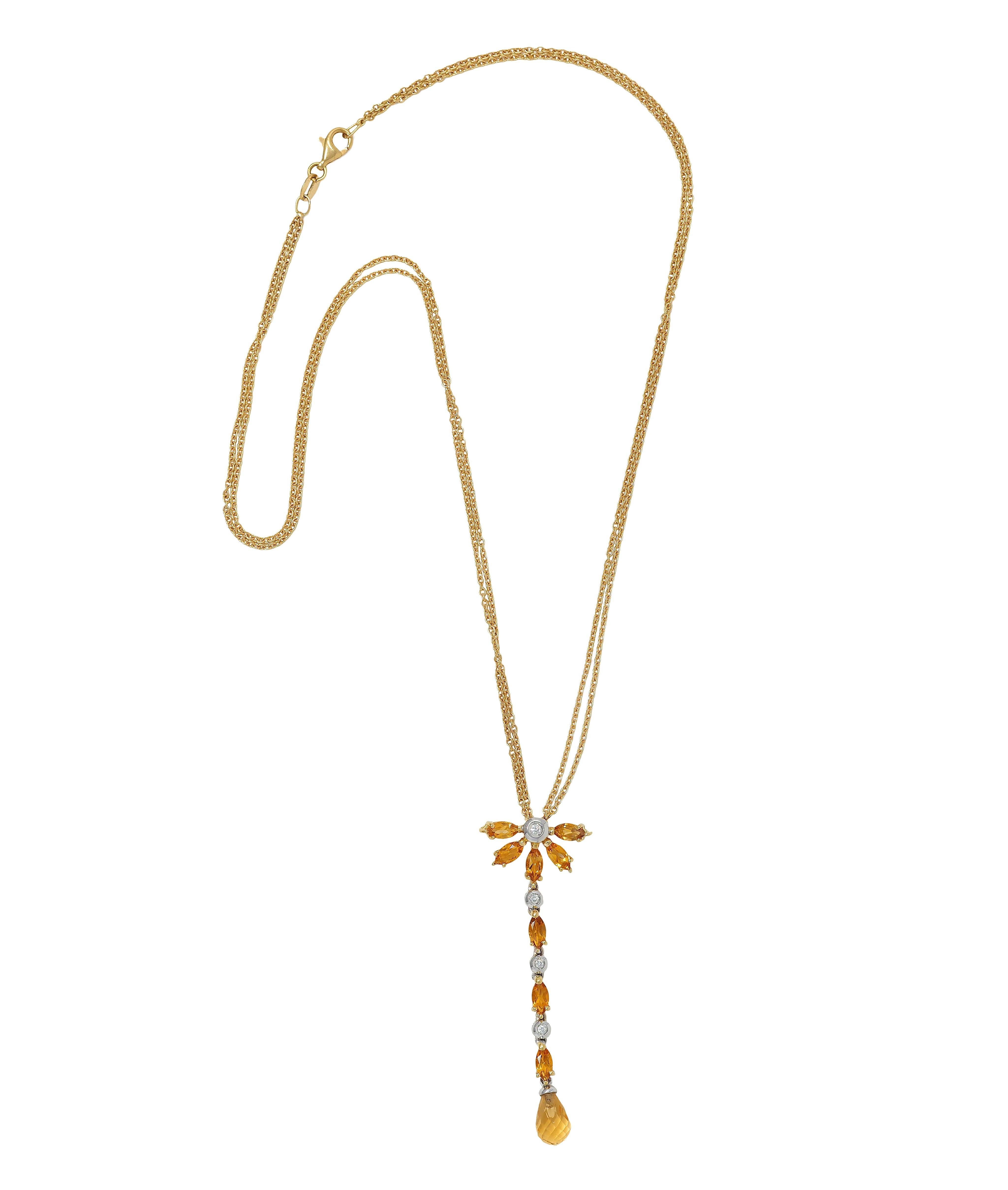 Taglio rotondo Collana a goccia contemporanea in oro bicolore 18 carati con diamante citrino da 1,50 CTW in vendita