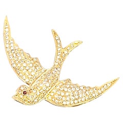 Contemporary 1.50 TCW Diamond Ruby and 18k Yellow Gold Flying Bird Brooch/Pin