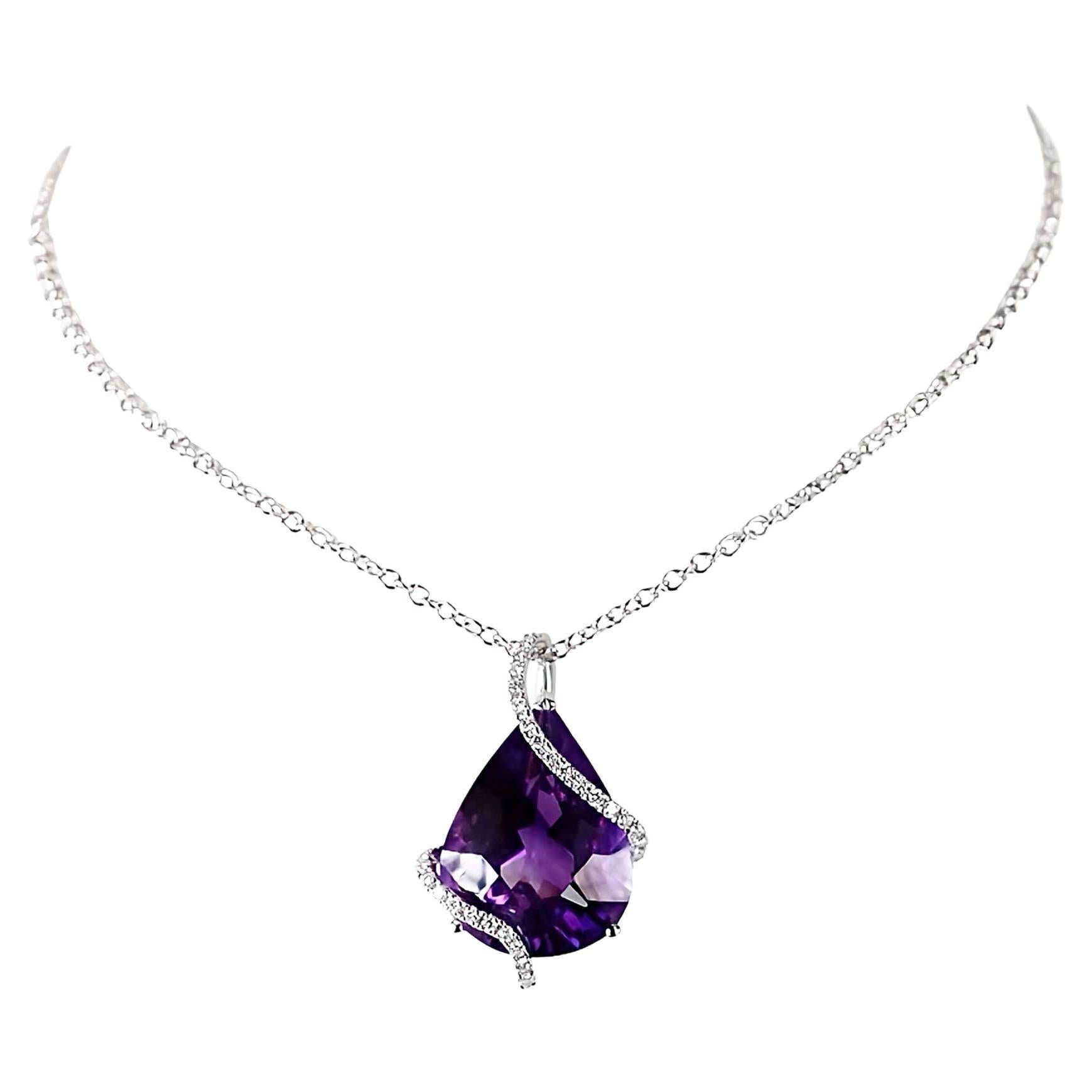 Contemporary 15.00 ct Amethyst Drop Pendant in White Gold with natural Diamonds For Sale