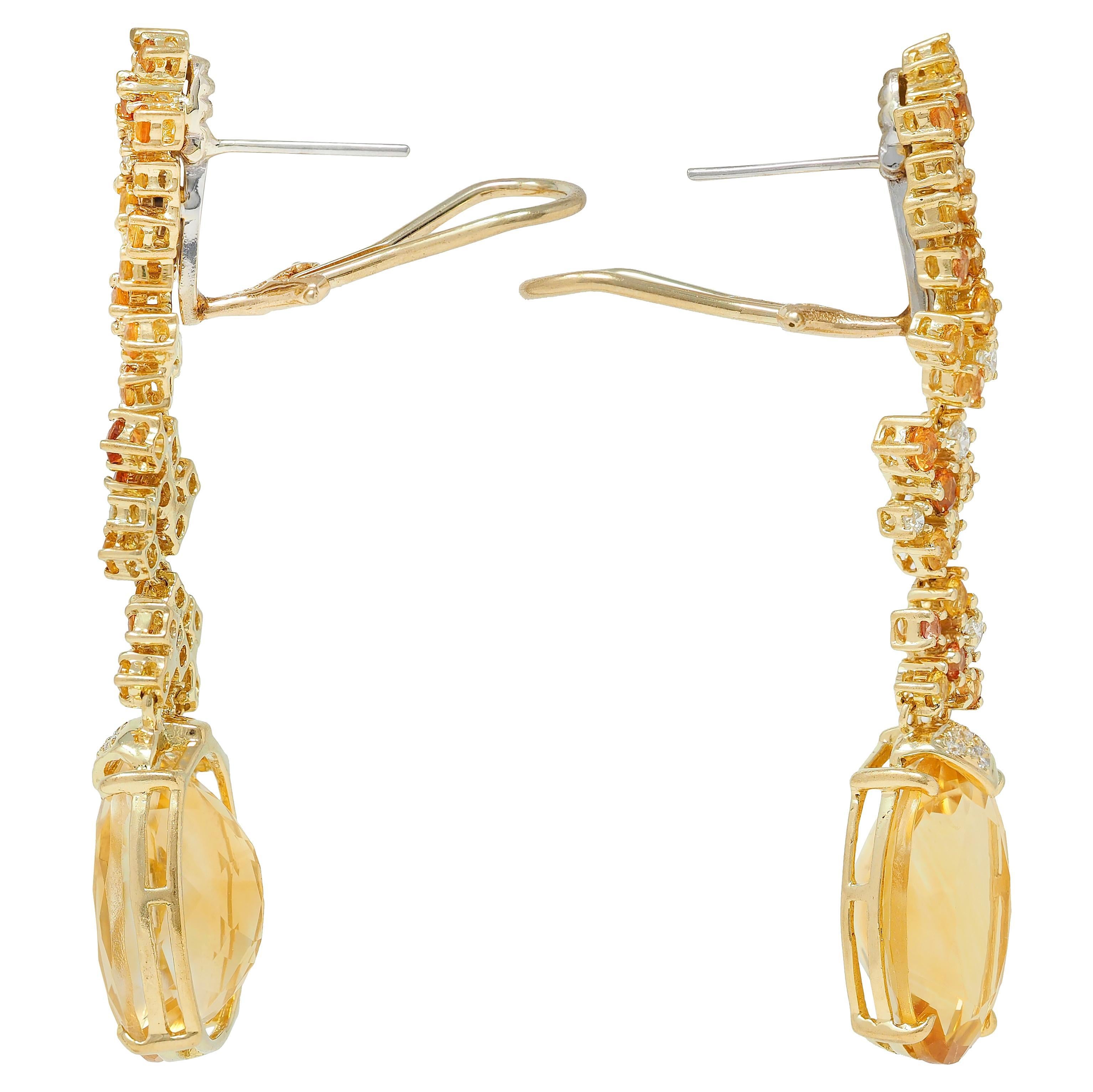 Taglio ovale Orecchini pendenti in oro giallo 18 carati con diamante e zaffiro Citrino 15,00 CTW Contemporary in vendita