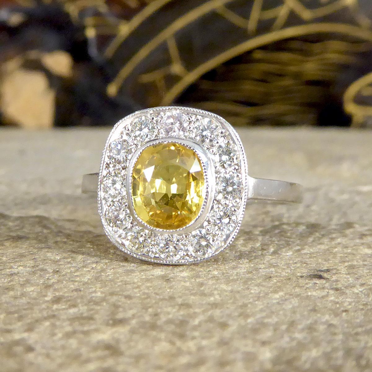 Contemporary 1.50 Carat Yellow Sapphire and Diamond Cluster Ring in Platinum In Excellent Condition For Sale In Yorkshire, West Yorkshire