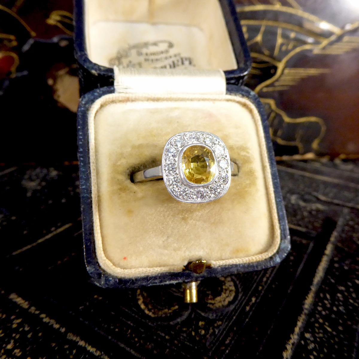 Contemporary 1.50 Carat Yellow Sapphire and Diamond Cluster Ring in Platinum For Sale 2