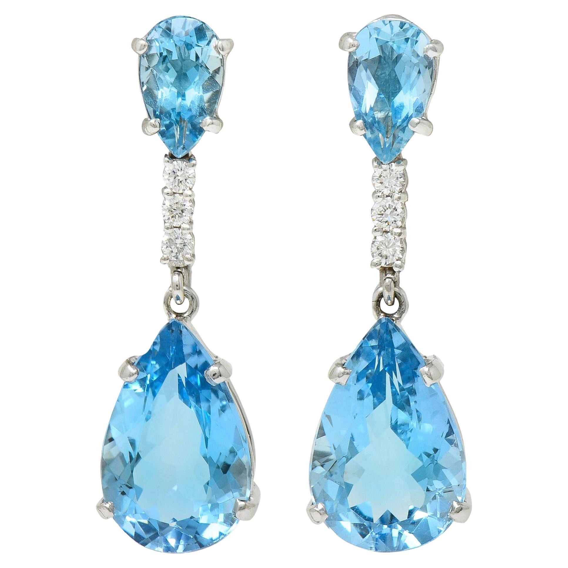 Contemporary 15.10 CTW Aquamarine Diamond 14 Karat White Gold Pear Drop Earrings