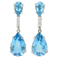 Contemporary 15.10 CTW Aquamarine Diamond 14 Karat White Gold Pear Drop Earrings