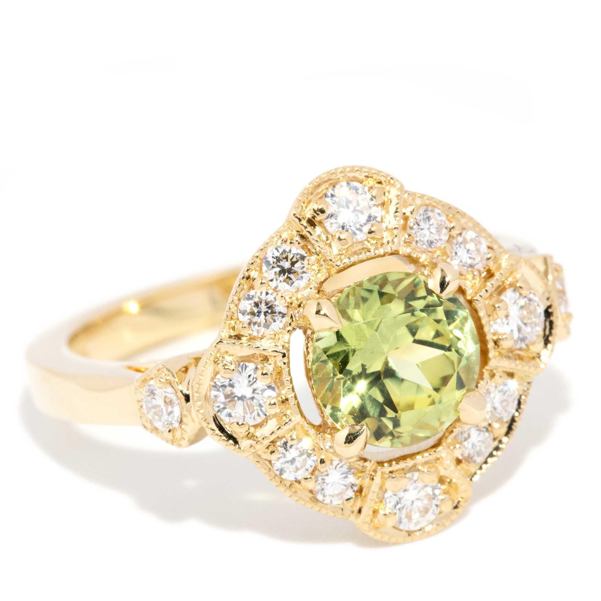 Round Cut Contemporary 1.51ct Green Sapphire & Diamond Art Deco Style Ring 18ct Gold For Sale