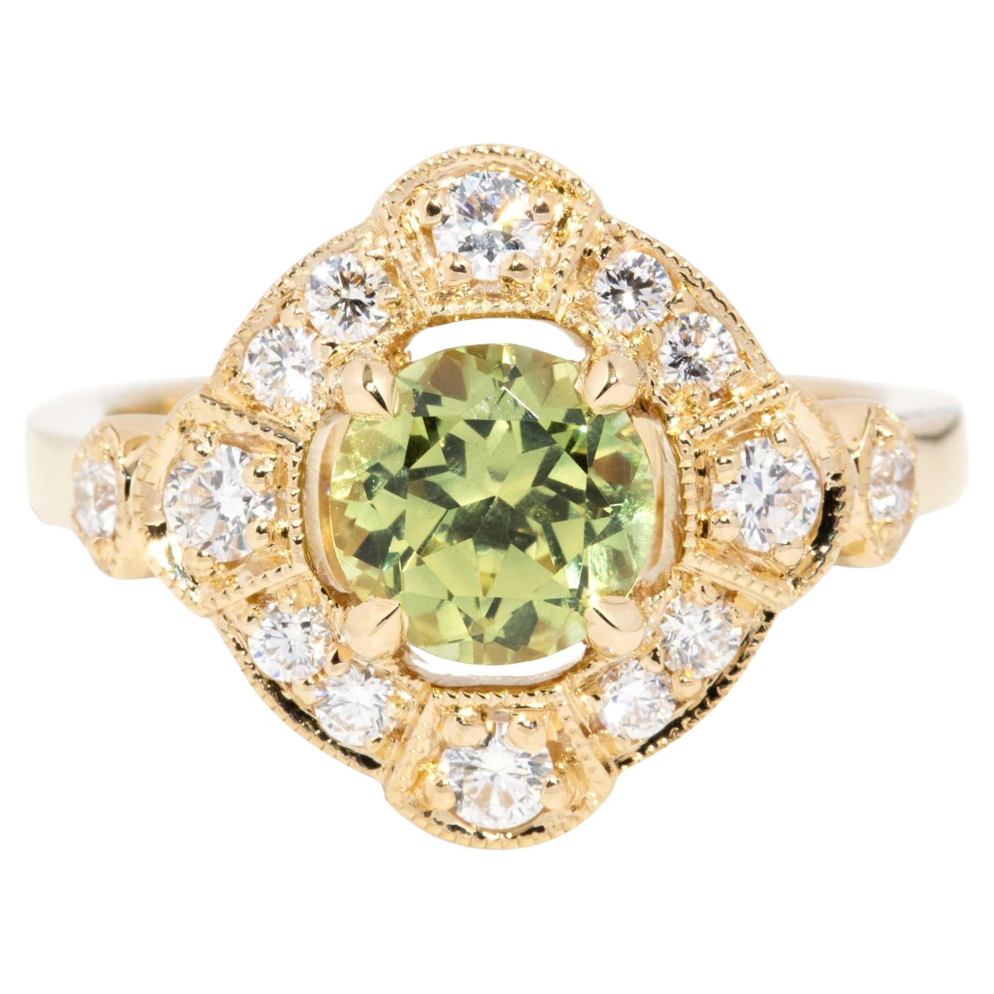 Contemporary 1.51ct Green Sapphire & Diamond Art Deco Style Ring 18ct Gold