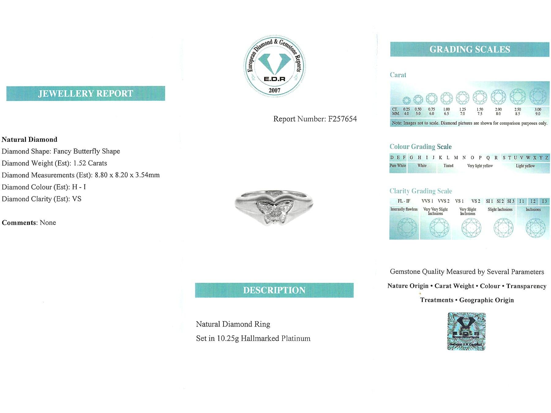 Contemporary 1.52 Carat Diamond and Platinum Butterfly Engagement Ring (2013) For Sale 9