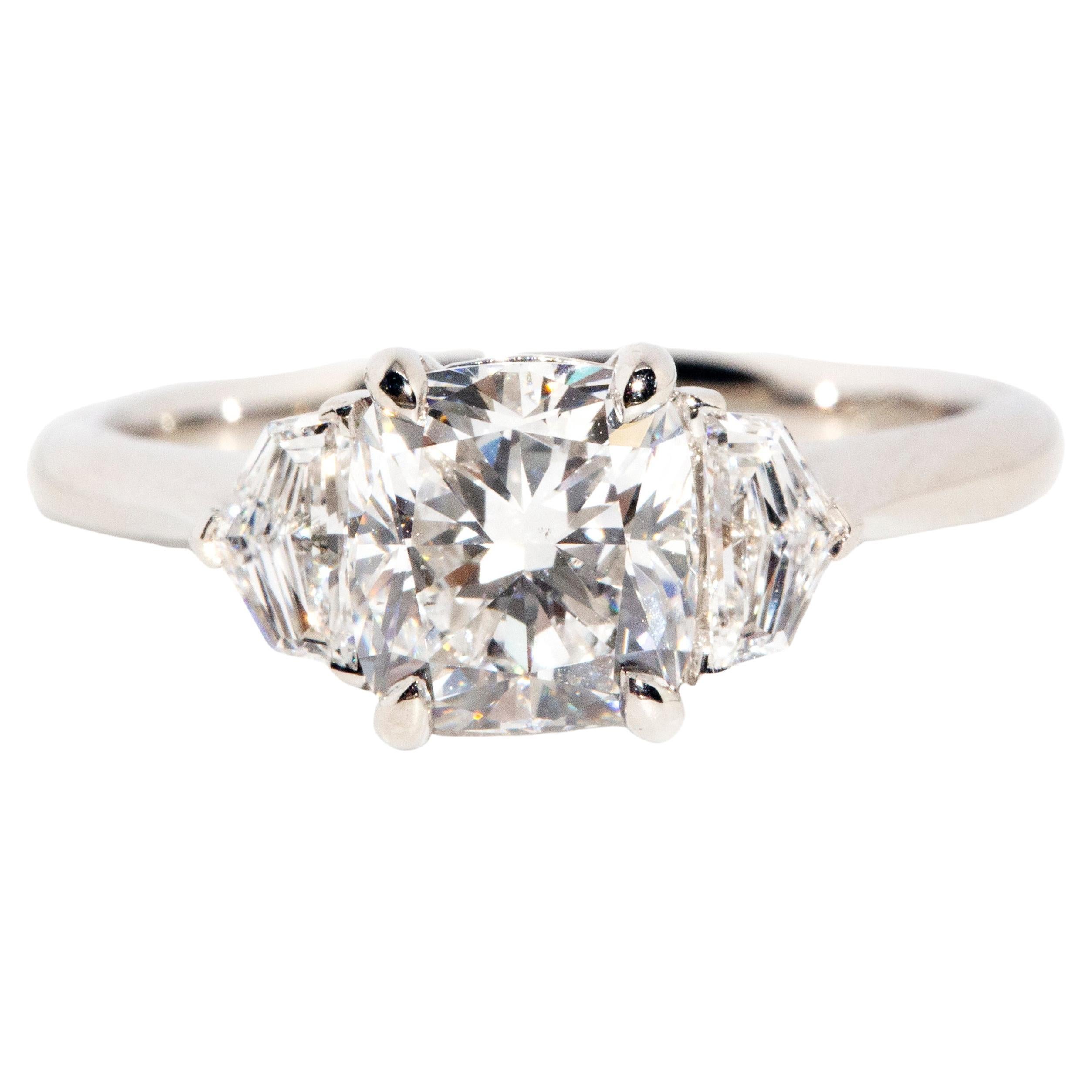 Contemporary 1.52ct GIA Certified Cushion Cut Diamond Platinum Three Stone Ring