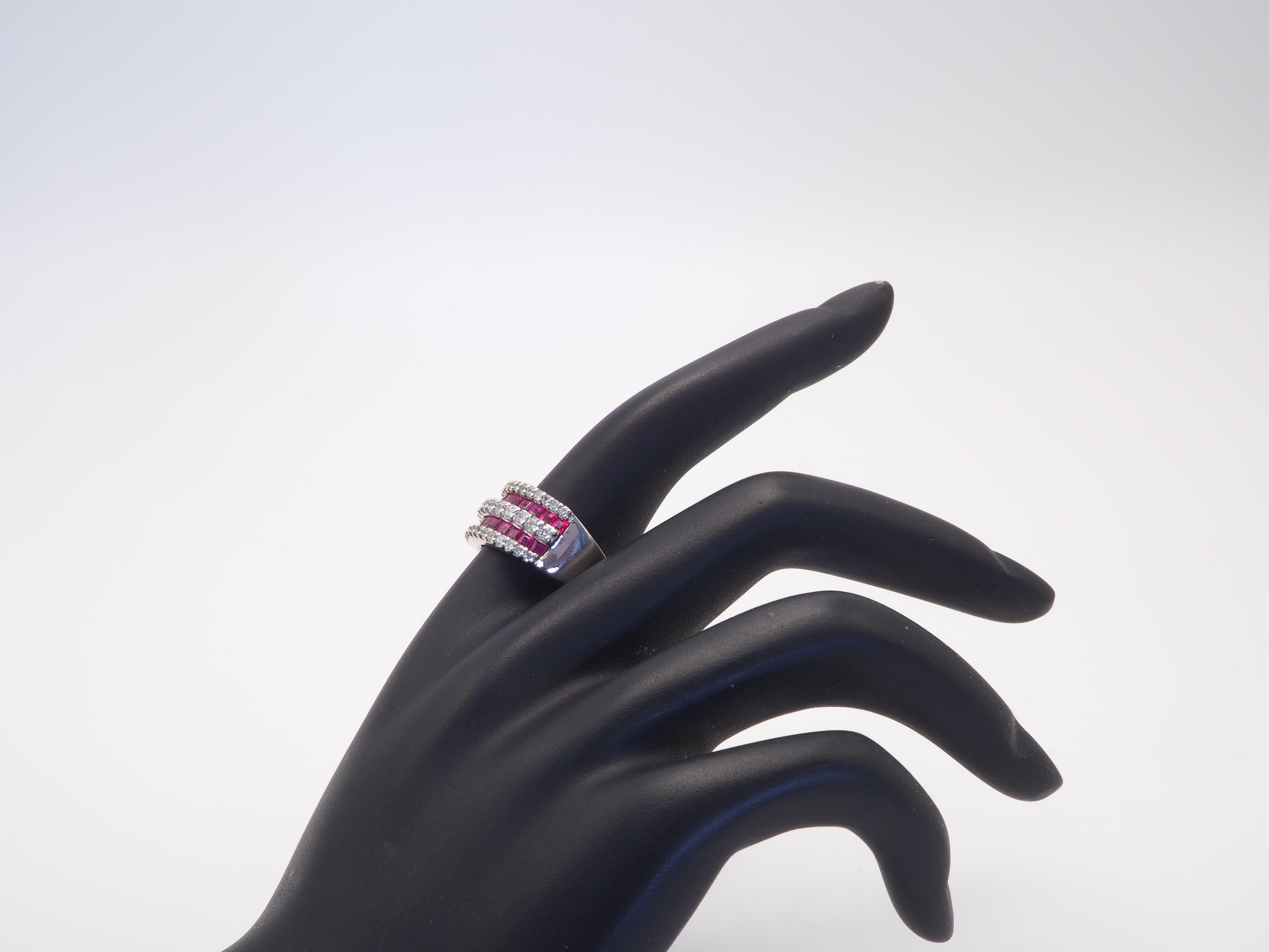 Women's Contemporary 1.52ct Squared Ruby & Quartz Sterling Silver Band Ring For Sale