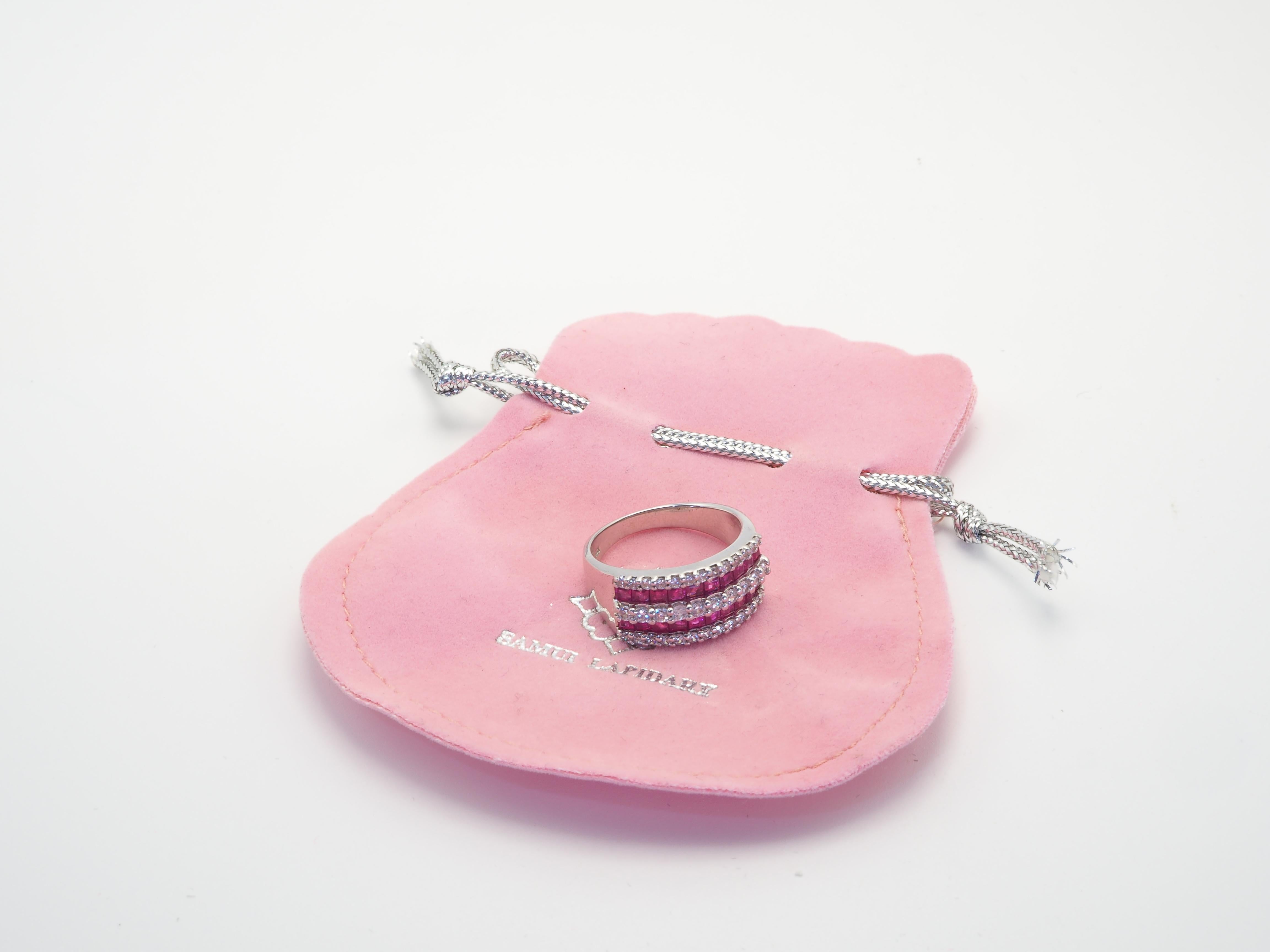 Contemporary 1.52ct Squared Ruby & Quartz Sterling Silver Band Ring For Sale 1