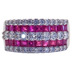 Contemporary 1.52ct Squared Ruby & Quartz Sterling Silver Band Ring