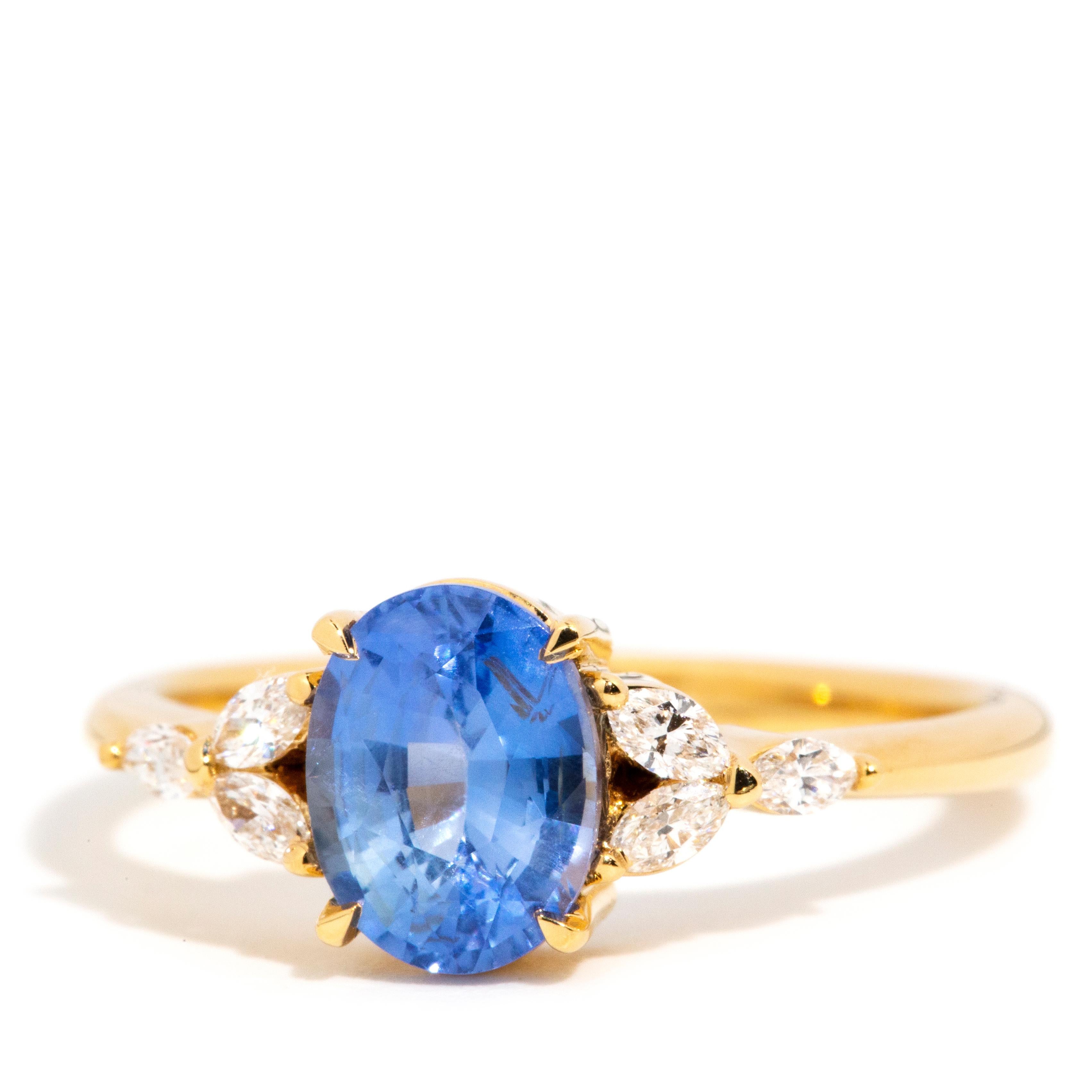 Oval Cut Contemporary 1.53 Carat Ceylon Sapphire & Marquise Diamond Ring 18 Carat Gold