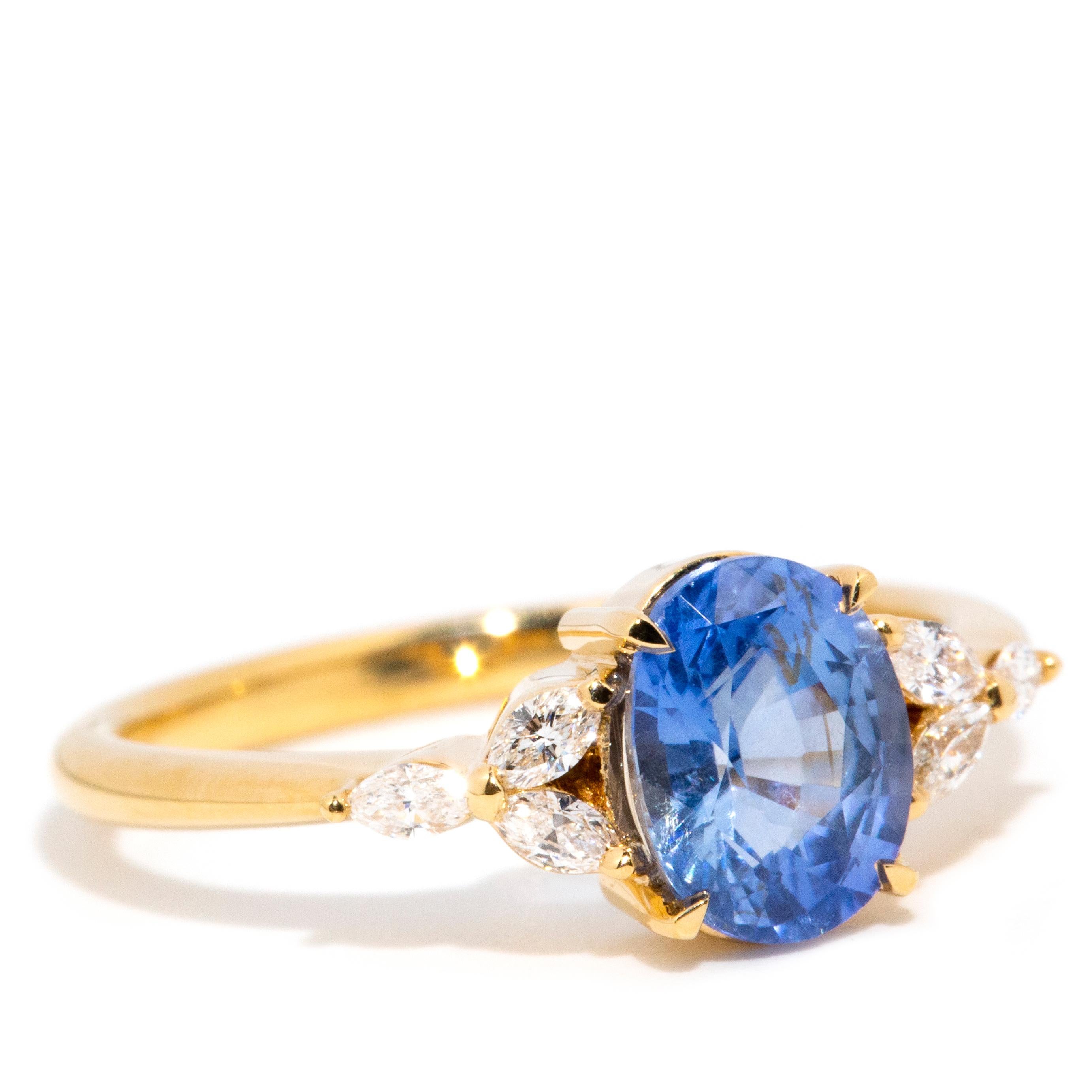 Women's Contemporary 1.53 Carat Ceylon Sapphire & Marquise Diamond Ring 18 Carat Gold