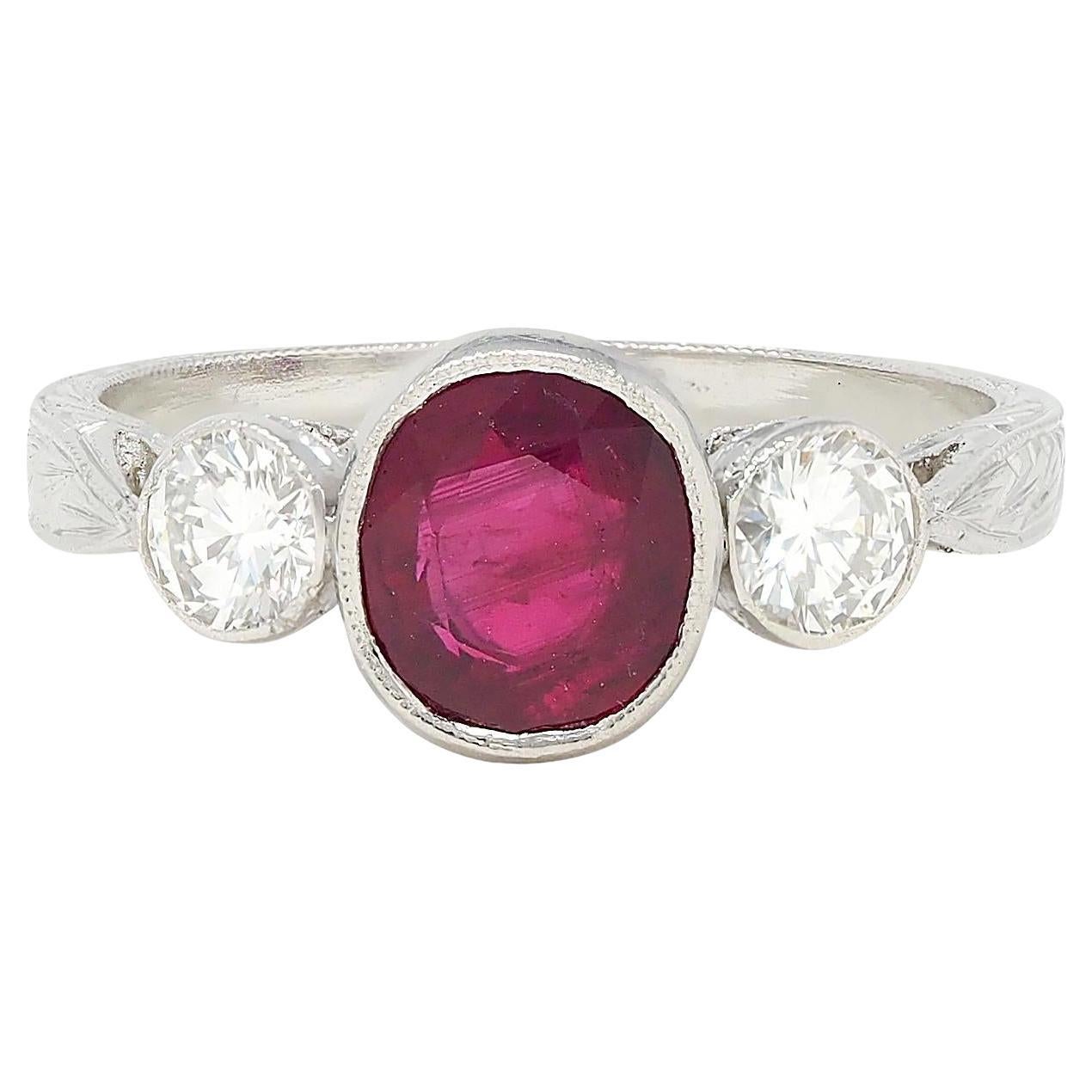 AM Contemporary 1.53 CTW Ruby Diamond Platinum Vintage Three Stone Ring (bague à trois pierres en platine)