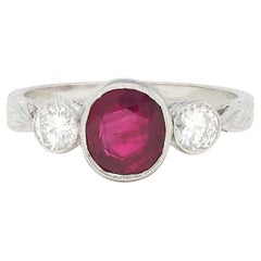 Contemporary 1.53 CTW Ruby Diamond Platinum Vintage Three Stone Ring
