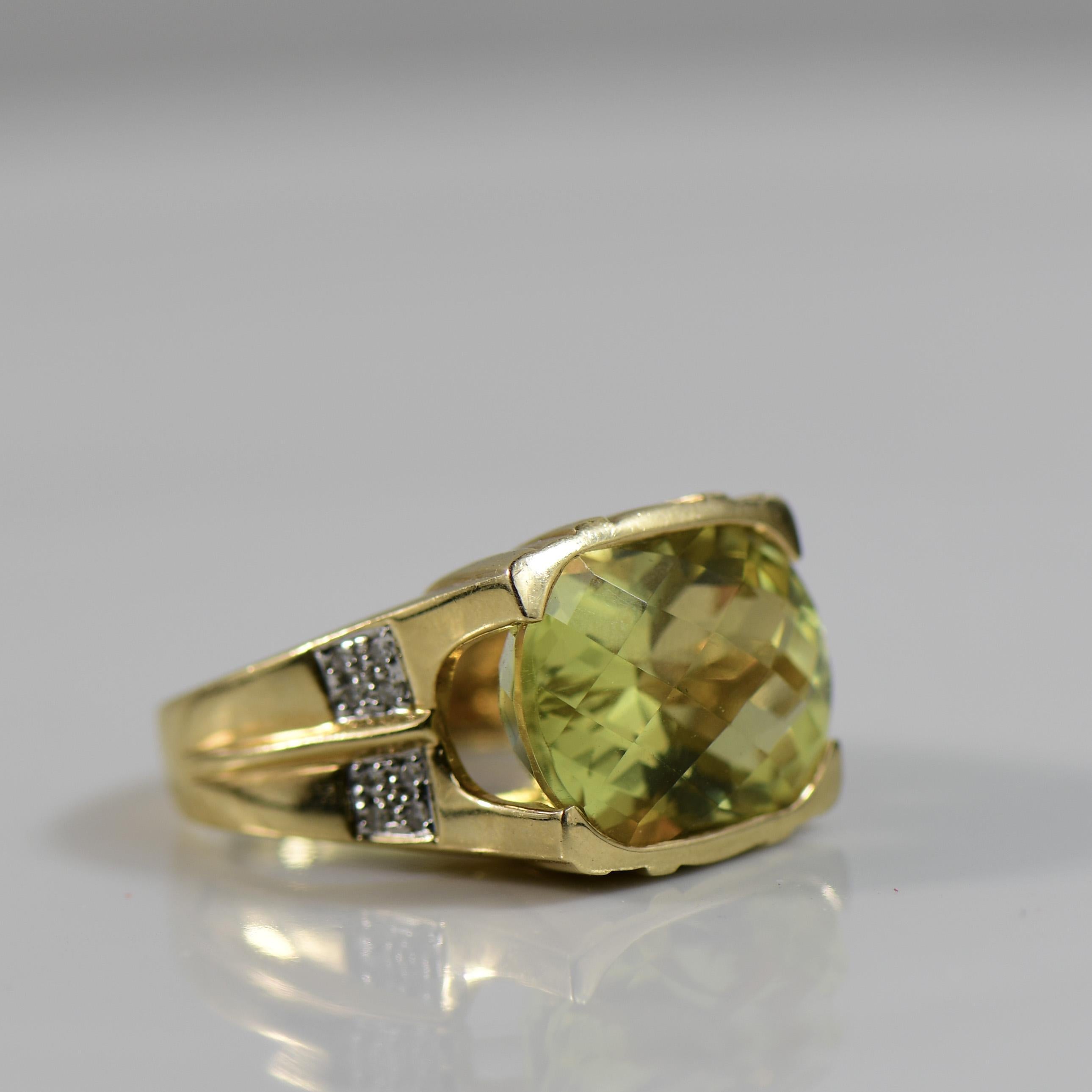 Contemporary 15.5ct Greenish Citrine & Diamond Statement Ring For Sale 1