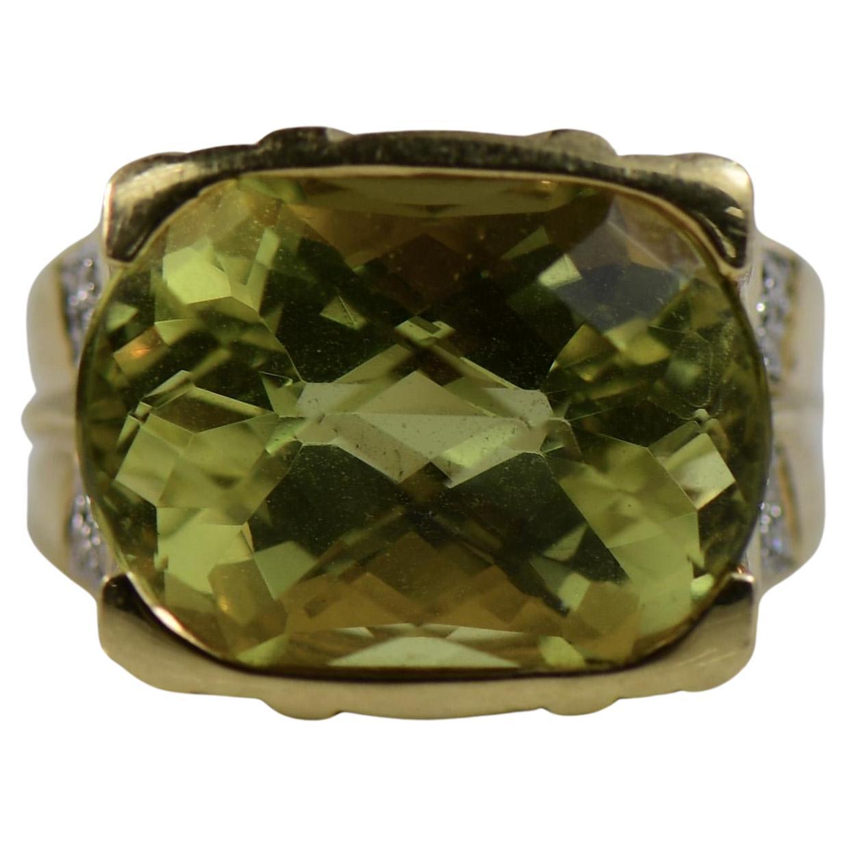 Contemporary 15.5ct Greenish Citrine & Diamond Statement Ring For Sale