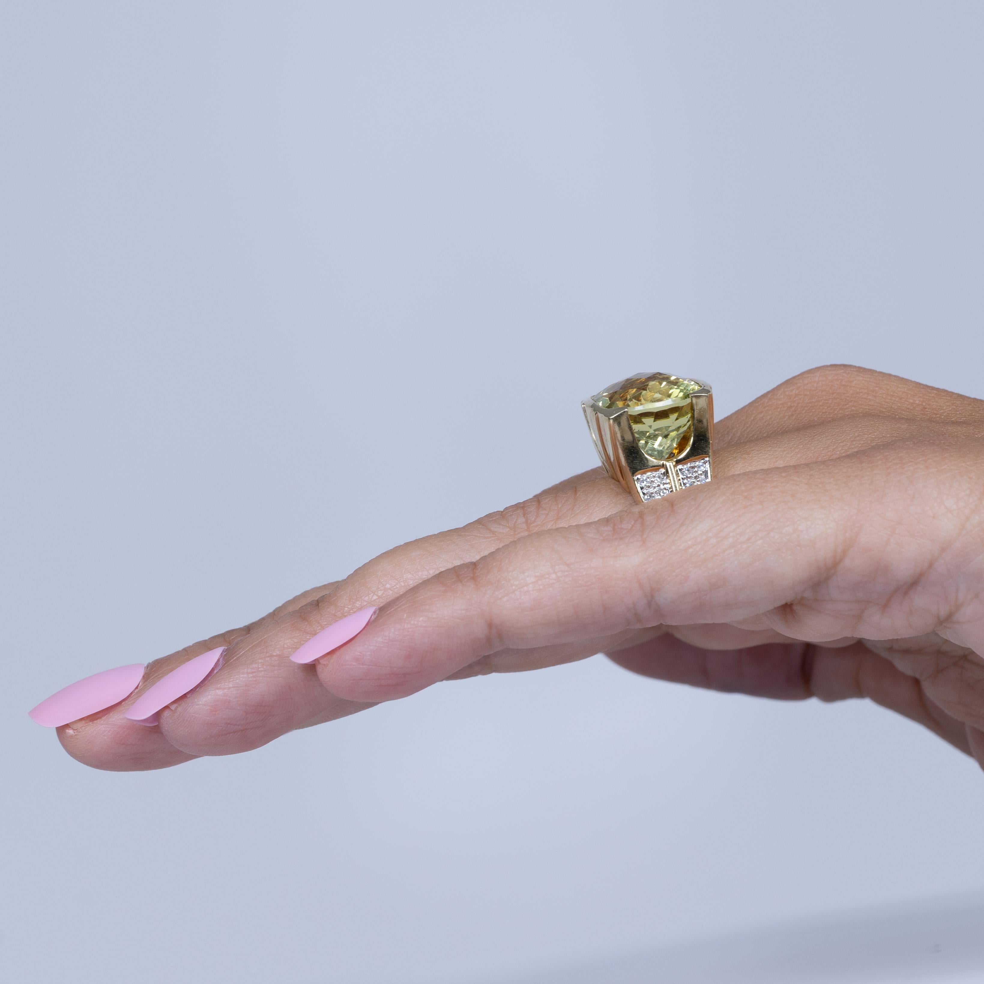 Contemporary 15,5ct Grünlich Gelber Citrin & Diamant 14K Gold Statement Ring Damen