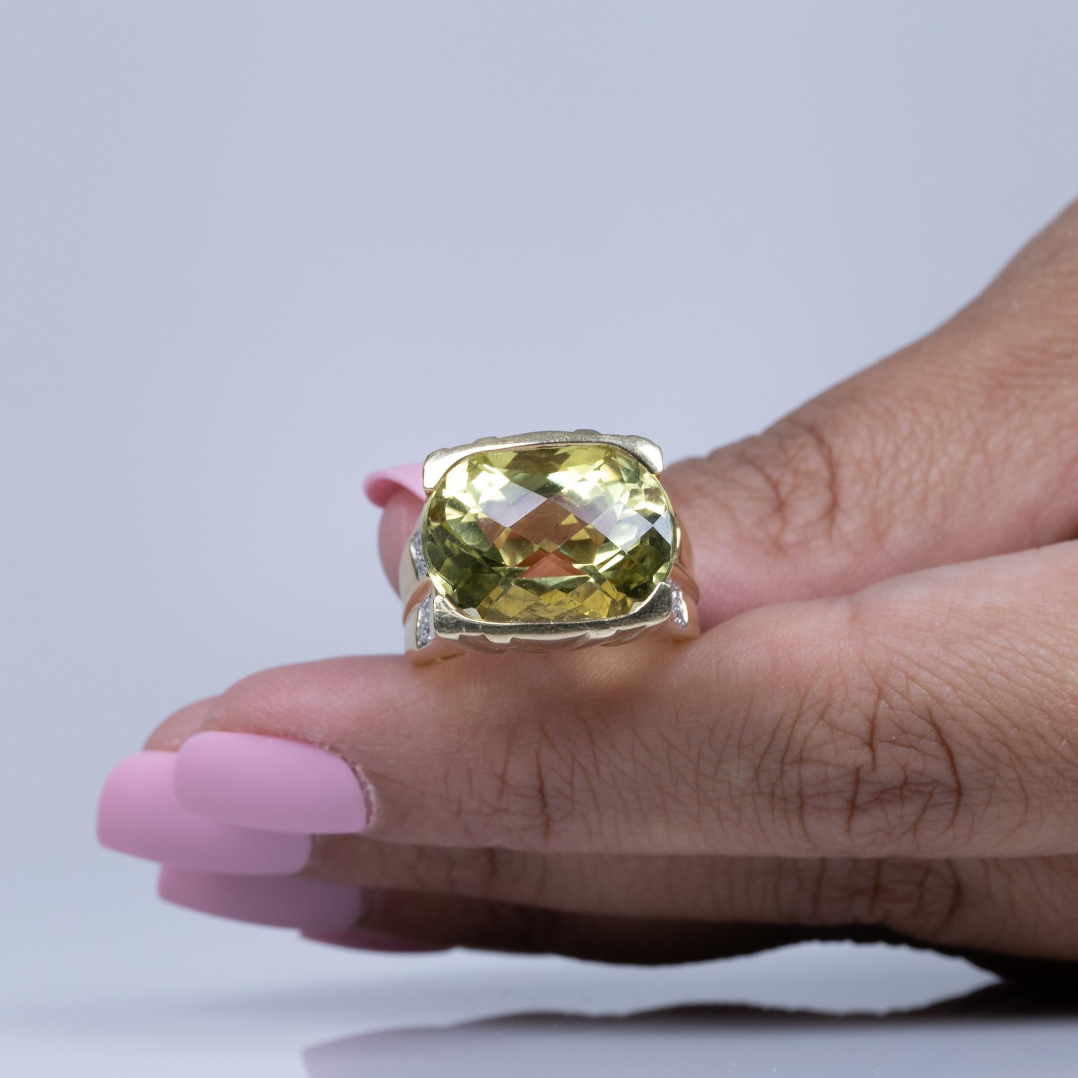 Contemporary 15,5ct Grünlich Gelber Citrin & Diamant 14K Gold Statement Ring 1