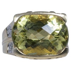Contemporary 15.5ct Greenish Yellow Citrine & Diamond 14K Gold Statement Ring
