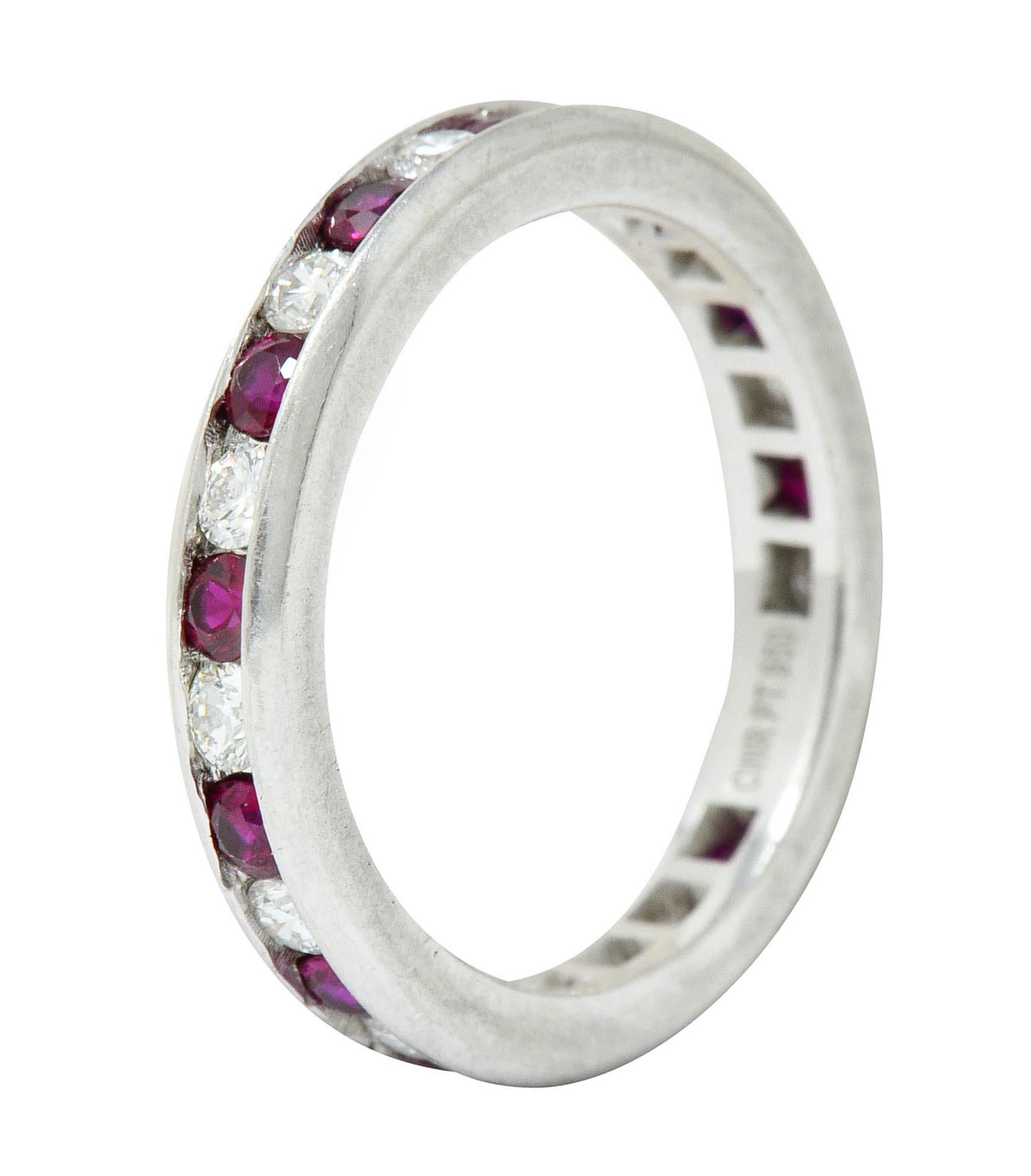 Women's or Men's Contemporary 1.56 Carat Ruby Diamond Platinum Eternity Channel Band Ring