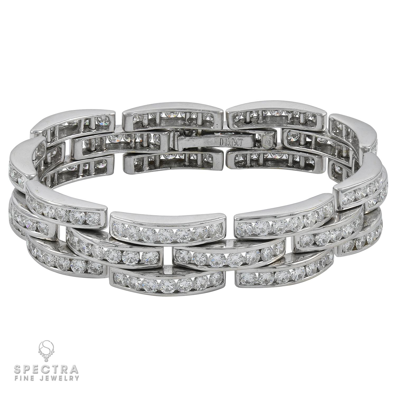 Enthusiasts of Art Deco jewelry will be captivated by the exquisite geometry showcased in this Contemporary Diamond Pave Bracelet. Despite its creation in the 21st century, the lavish bracelet exudes the charm of a bygone era, channeling the sleek