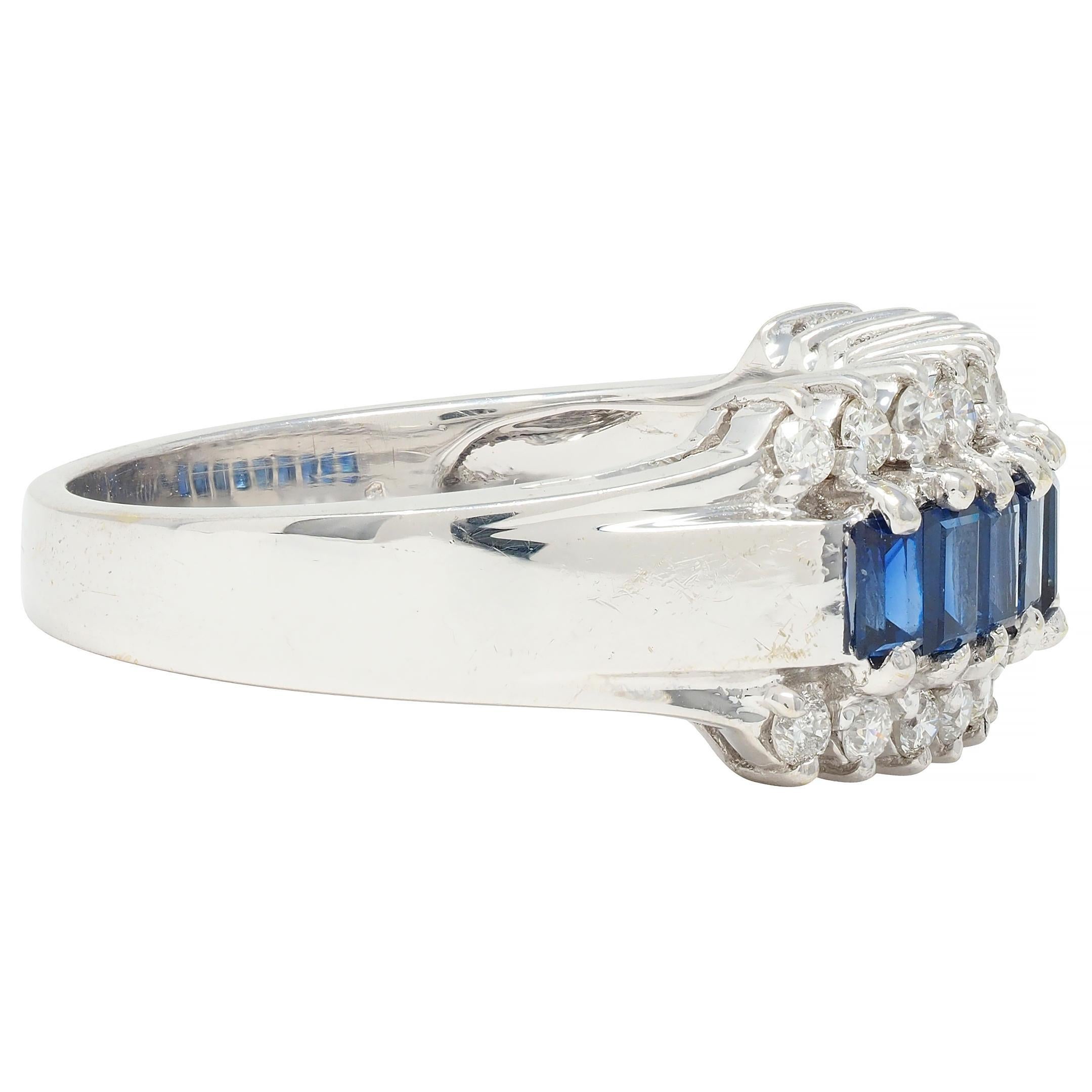 Baguette Cut Contemporary 1.59 CTW Sapphire Diamond 18 Karat White Gold Wide Band Ring For Sale
