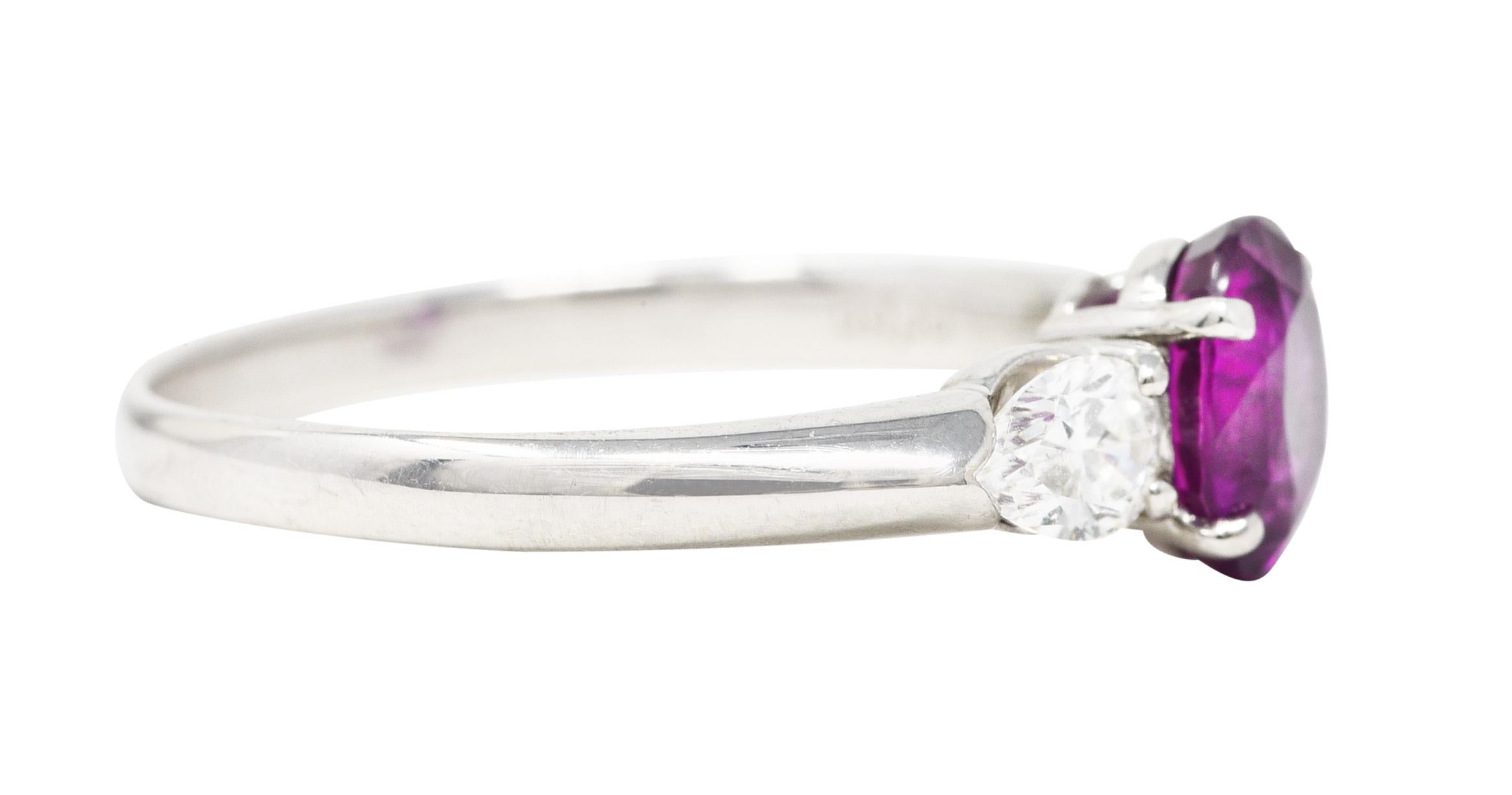 Round Cut Contemporary 1.60 Carats Pink Sapphire Diamond Platinum Three Stone Ring For Sale