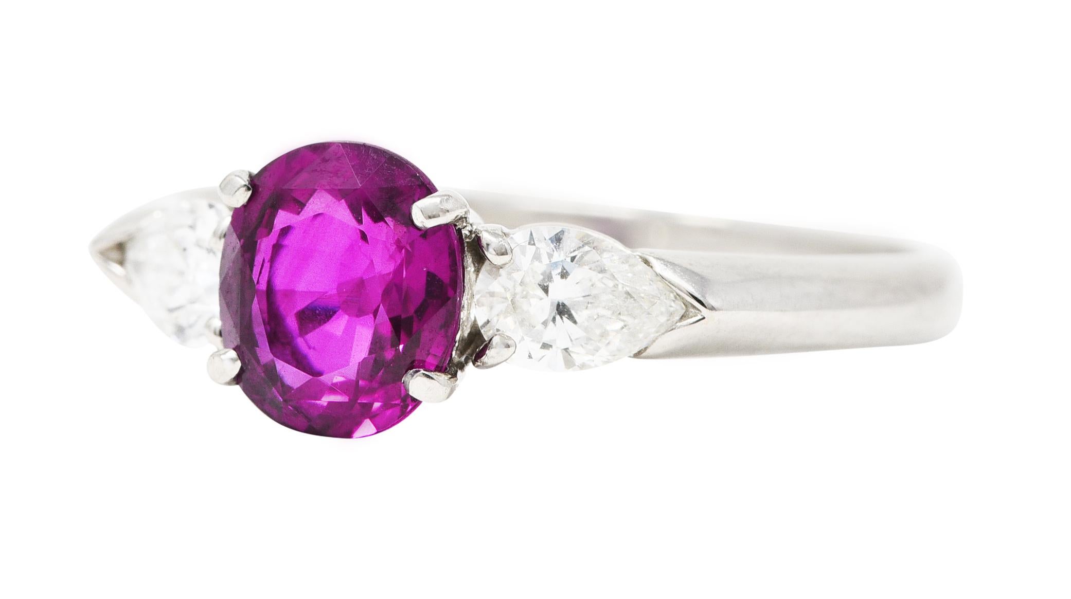 Contemporary 1.60 Carats Pink Sapphire Diamond Platinum Three Stone Ring For Sale 1