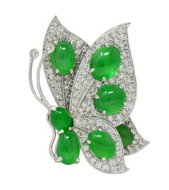 Broche contemporaine 1.60 CTW Diamond Jade 18K White Gold En Tremblant Butterfly Brooch
