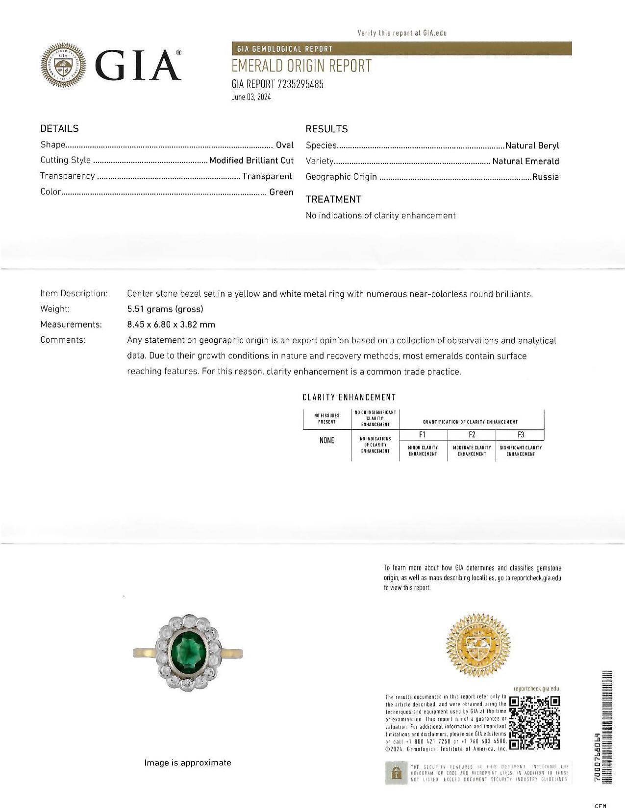 Contemporary 1.60 CTW No-Oil Emerald Diamond 14K Two-Tone Gold Halo Ring GIA 10