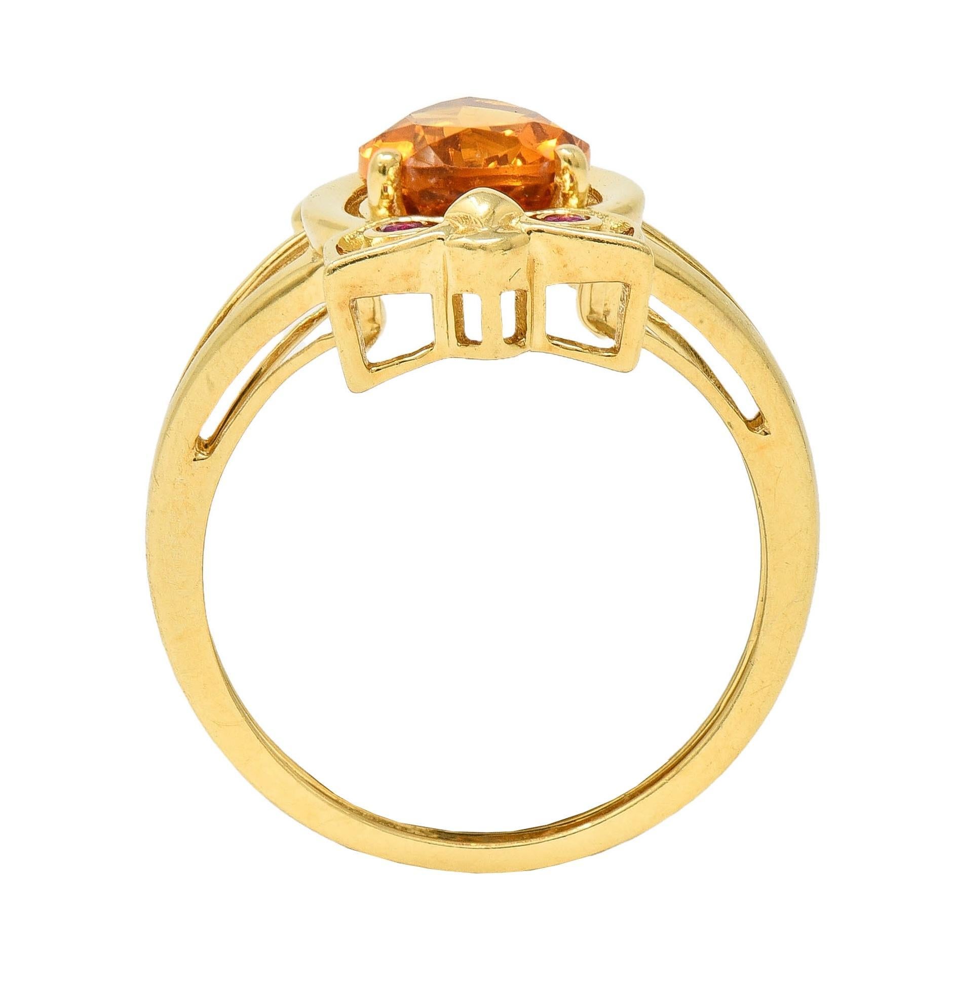 Contemporary 1.63 CTW Citrine Ruby 18 Karat Yellow Gold Owl Bird Ring 6