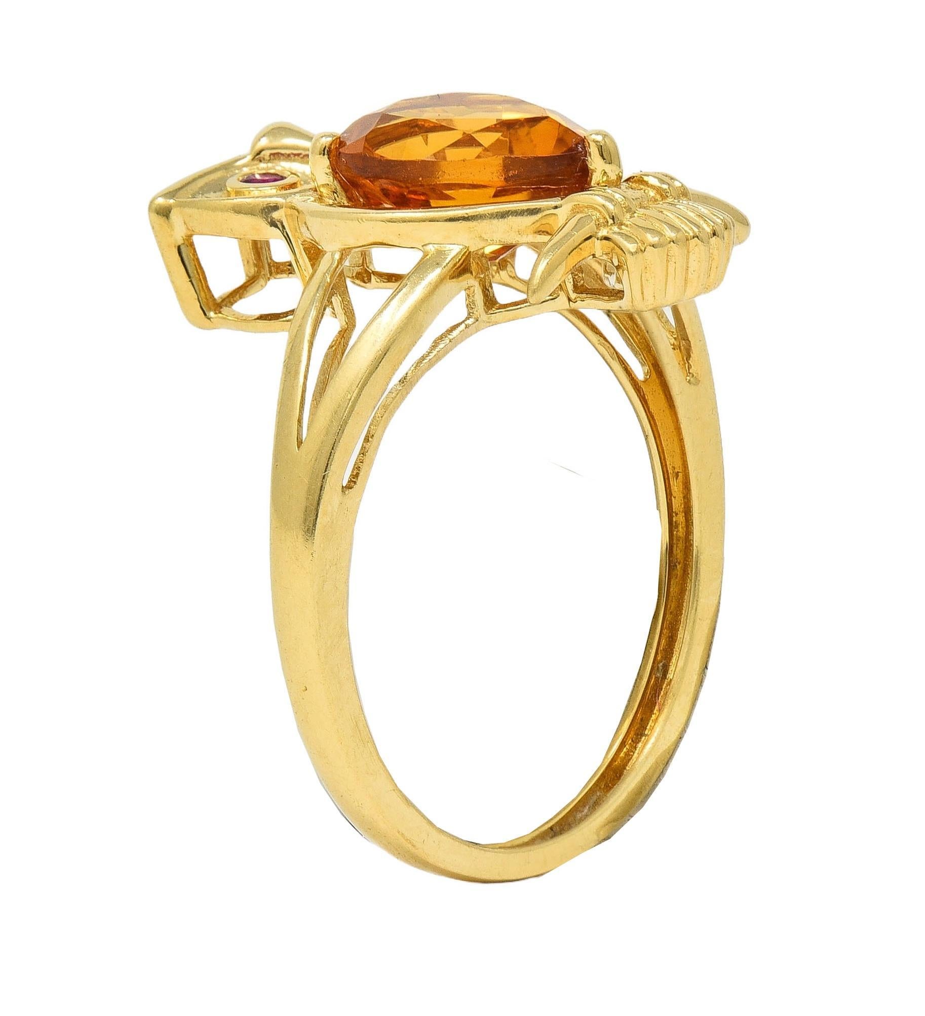 Contemporary 1.63 CTW Citrine Ruby 18 Karat Yellow Gold Owl Bird Ring 7