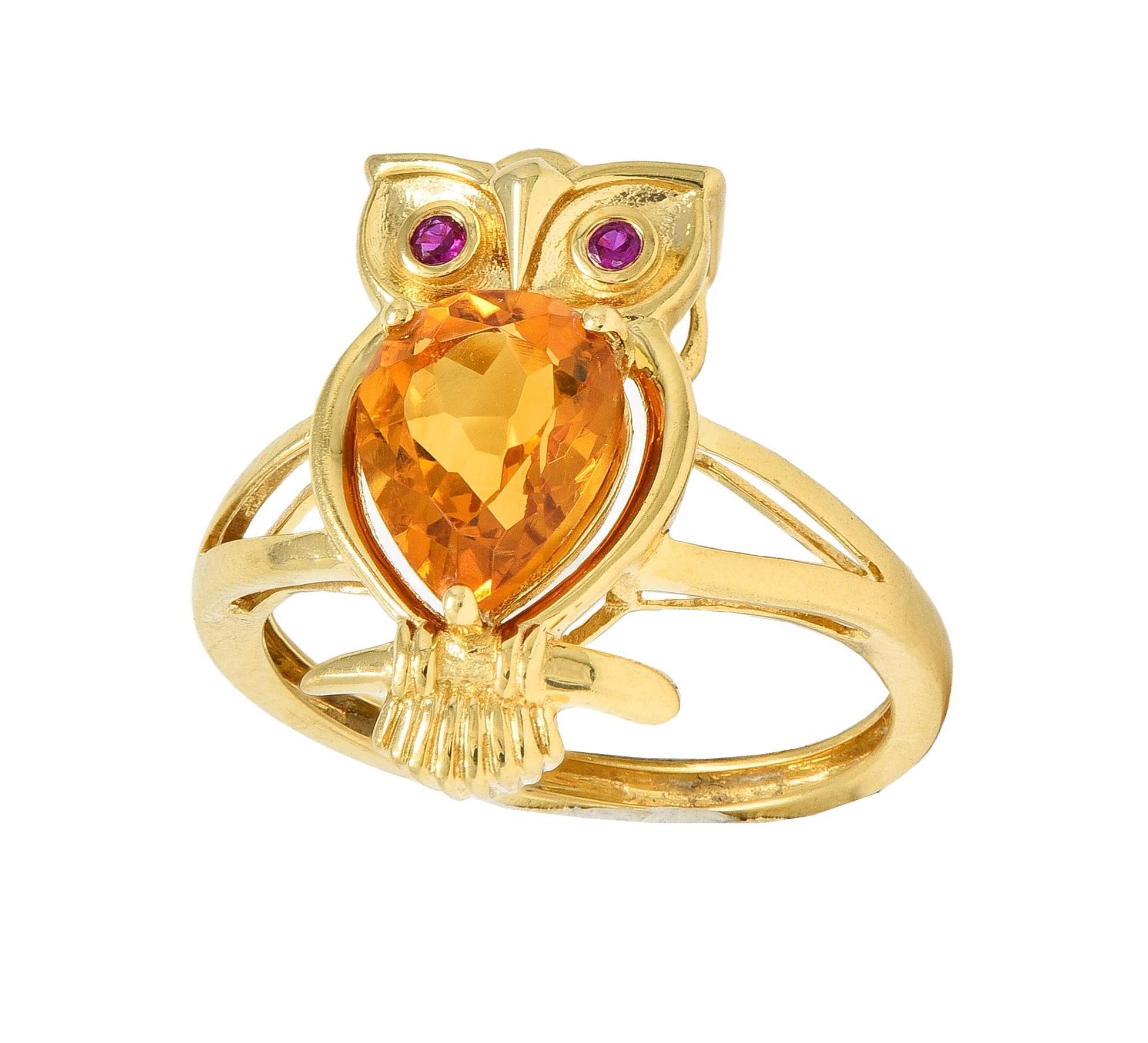 Contemporary 1.63 CTW Citrine Ruby 18 Karat Yellow Gold Owl Bird Ring 8