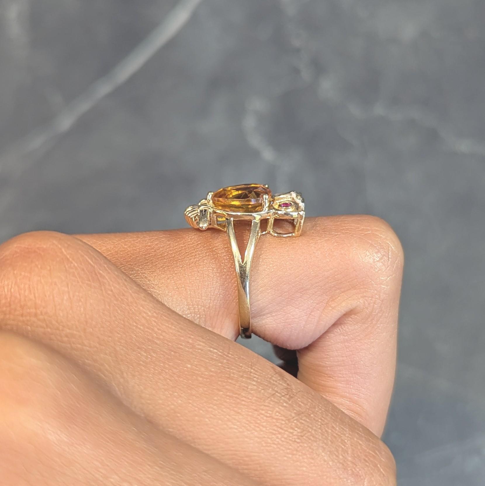 Contemporary 1.63 CTW Citrine Ruby 18 Karat Yellow Gold Owl Bird Ring 9