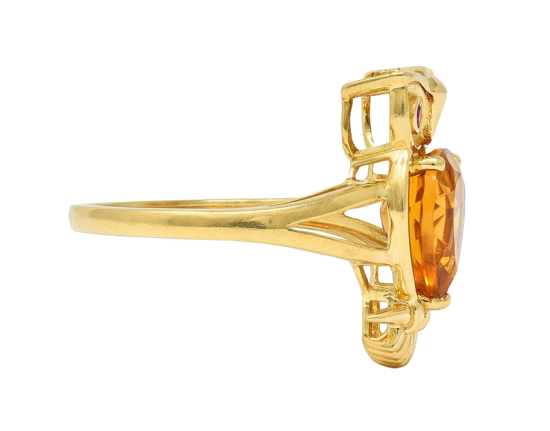 Contemporary 1.63 CTW Citrine Ruby 18 Karat Yellow Gold Owl Bird Ring In Excellent Condition In Philadelphia, PA