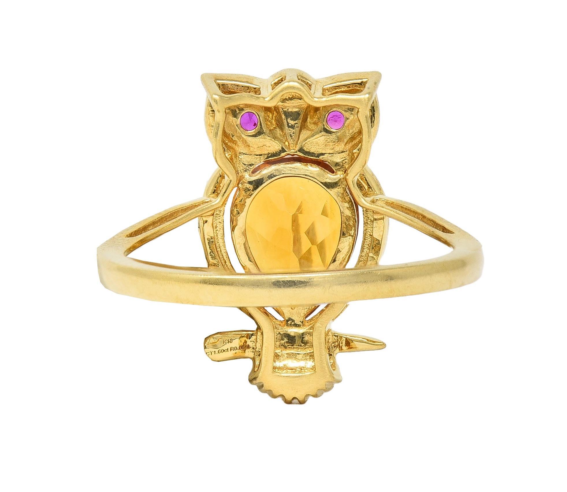 Women's or Men's Contemporary 1.63 CTW Citrine Ruby 18 Karat Yellow Gold Owl Bird Ring