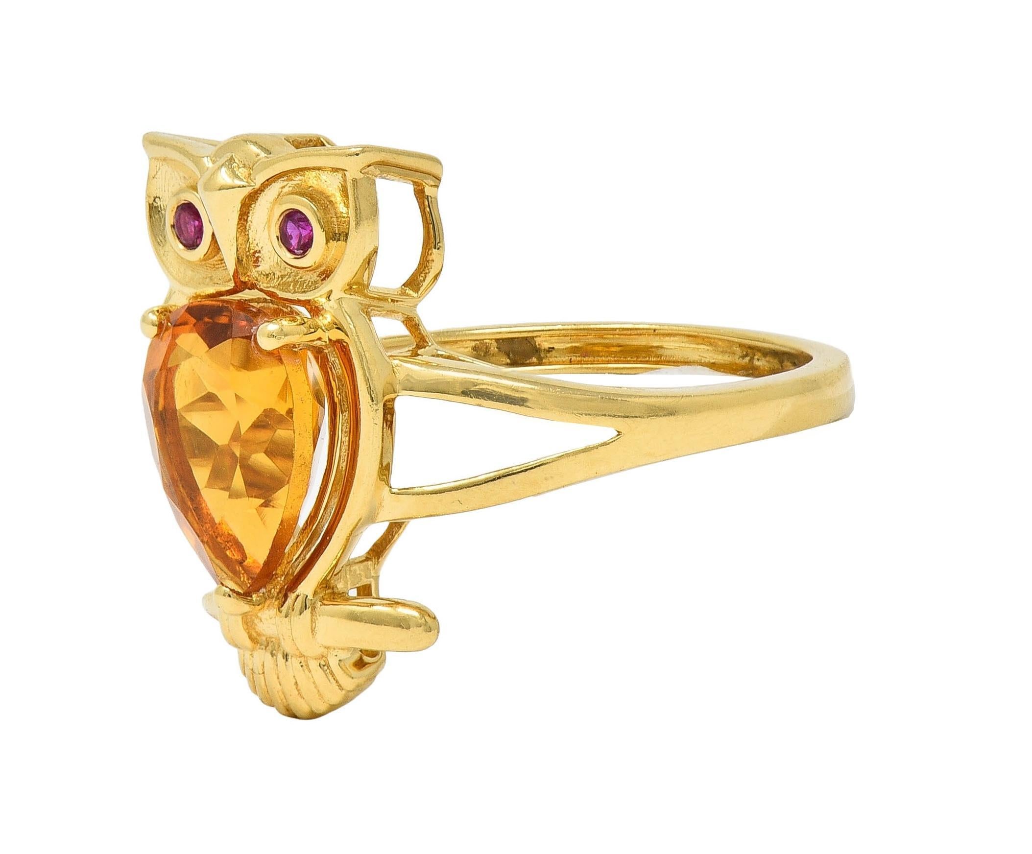 Contemporary 1.63 CTW Citrine Ruby 18 Karat Yellow Gold Owl Bird Ring 2
